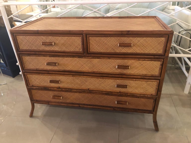 Vintage E Murio Grasscloth Burnt Bamboo Rattan Chest Of Drawers