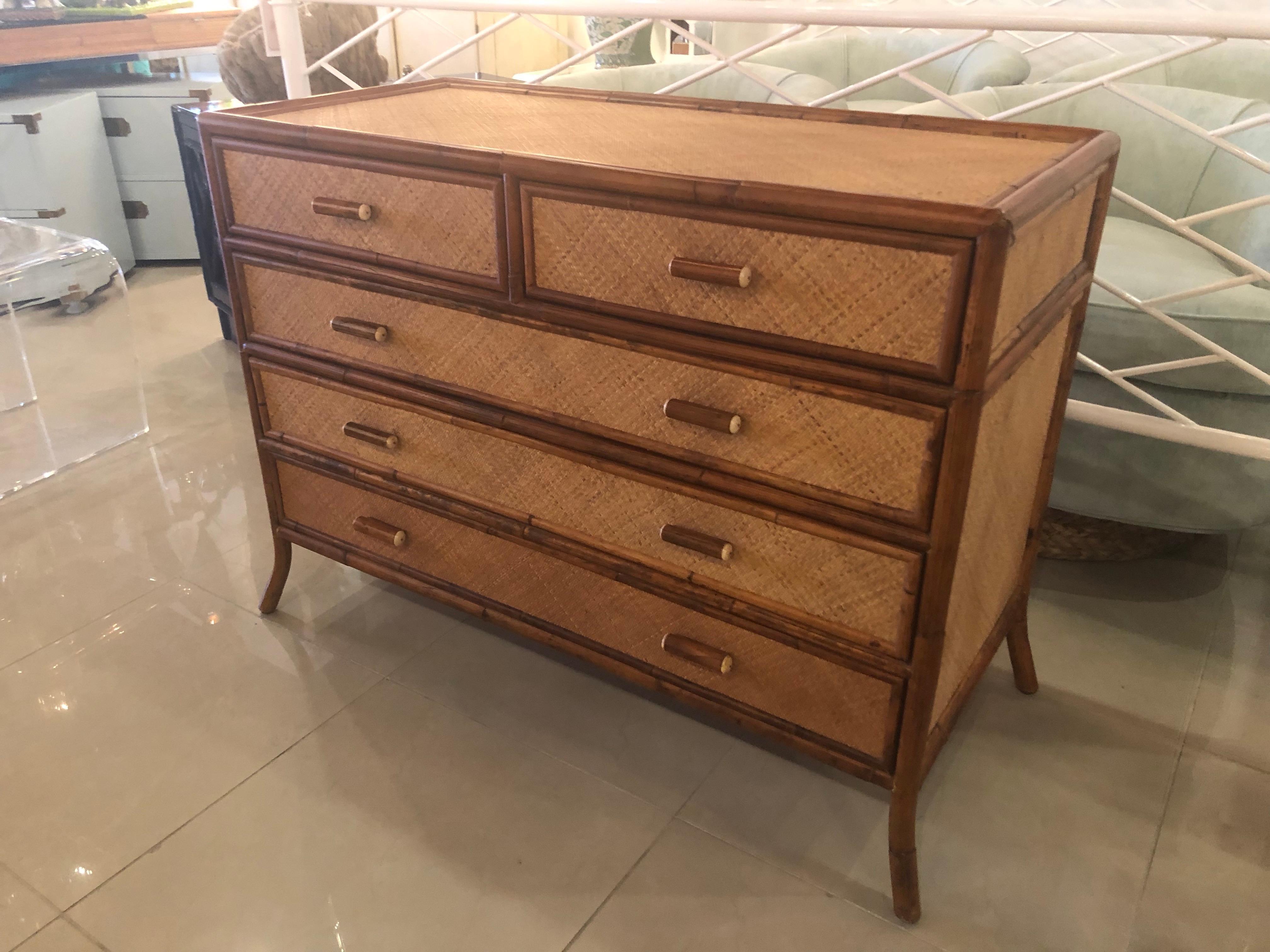 Philippine Vintage E. Murio Grasscloth Burnt Bamboo Rattan Chest of Drawers Credenza