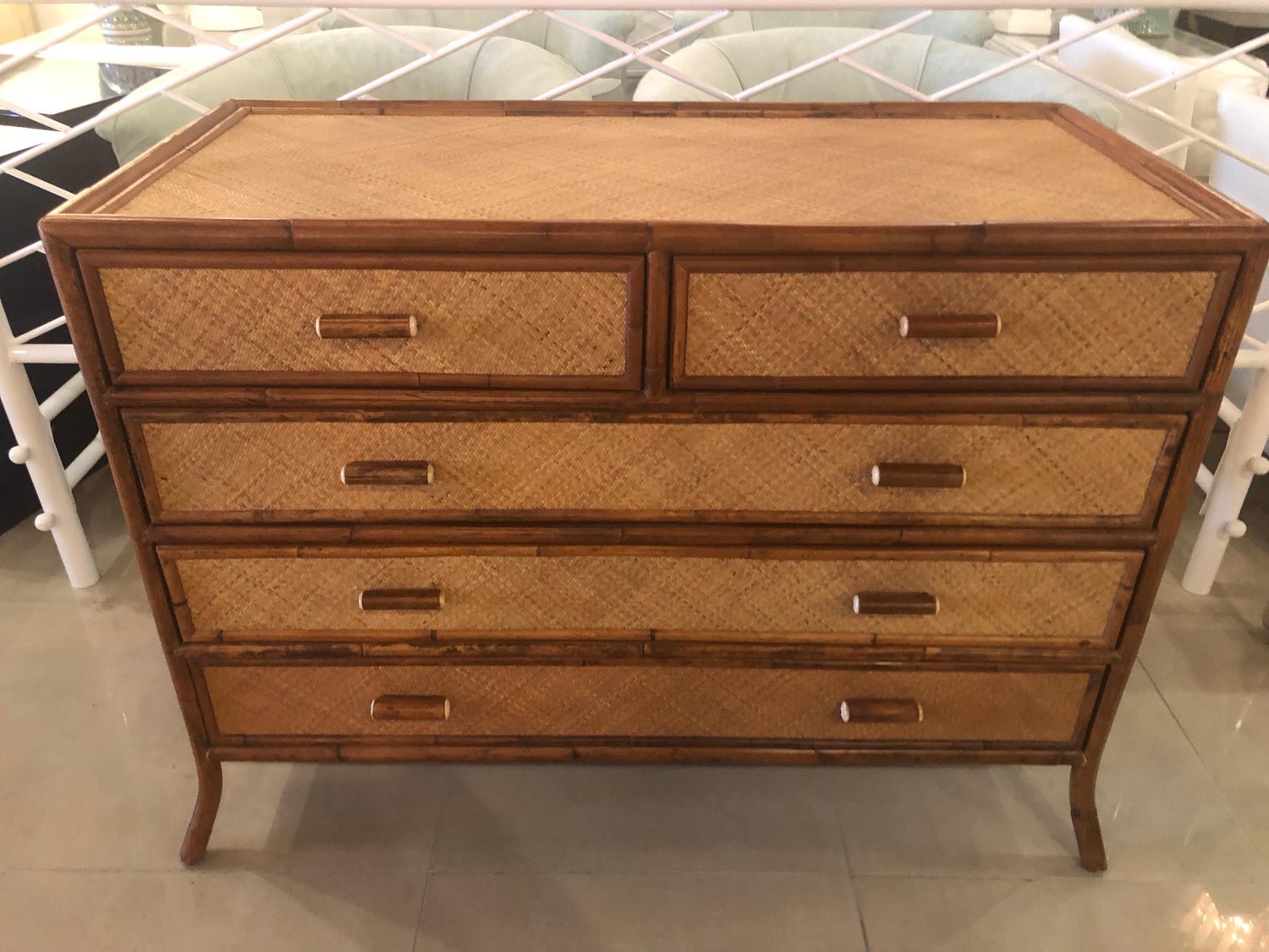 Vintage E Murio Grasscloth Burnt Bamboo Rattan Chest Of Drawers