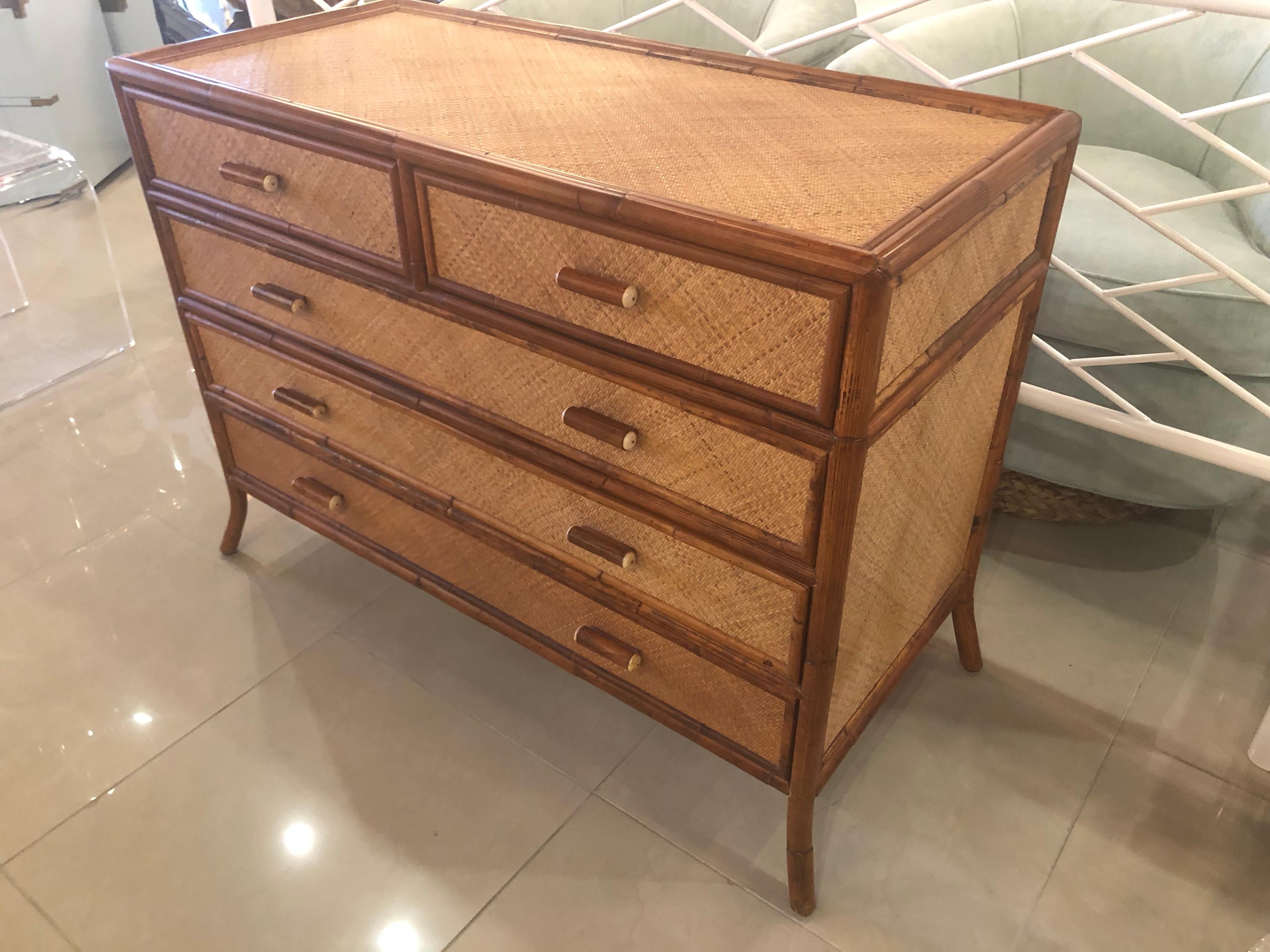 Late 20th Century Vintage E. Murio Grasscloth Burnt Bamboo Rattan Chest of Drawers Credenza