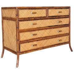 Vintage E. Murio Manila Refinished Rattan & Raffia Five Drawer Chest