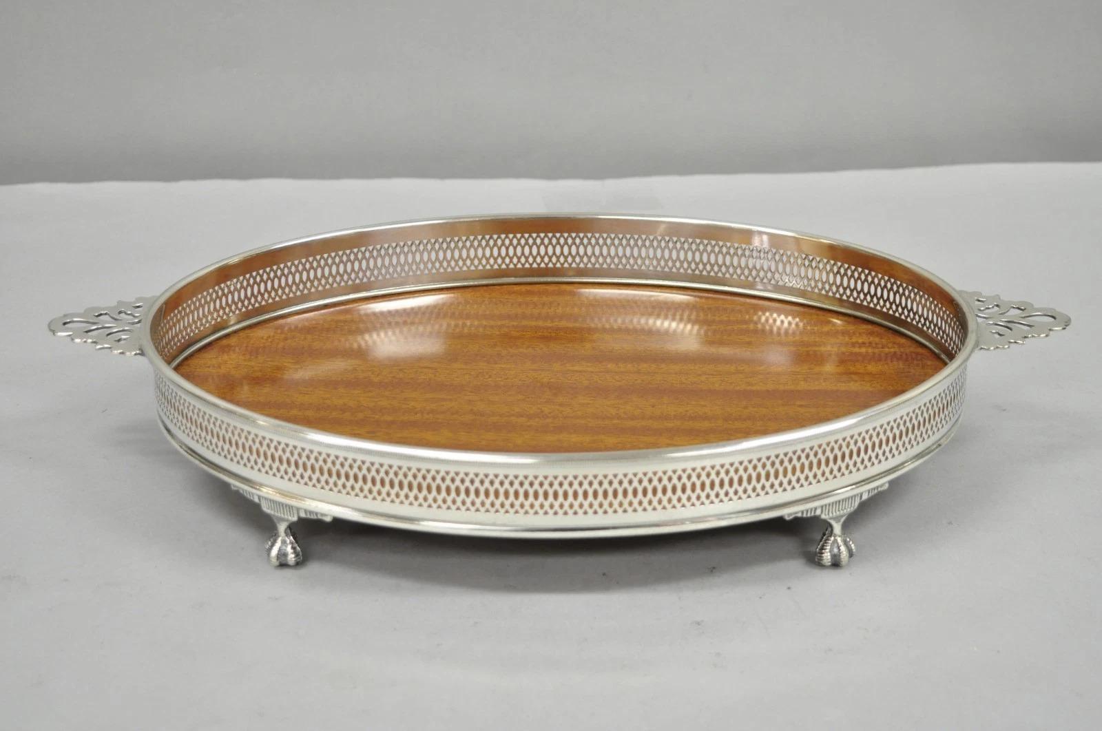 Vintage Eales of Sheffield Mid Century Modern Silver Plate Oval Formica Bar Tray en vente 4