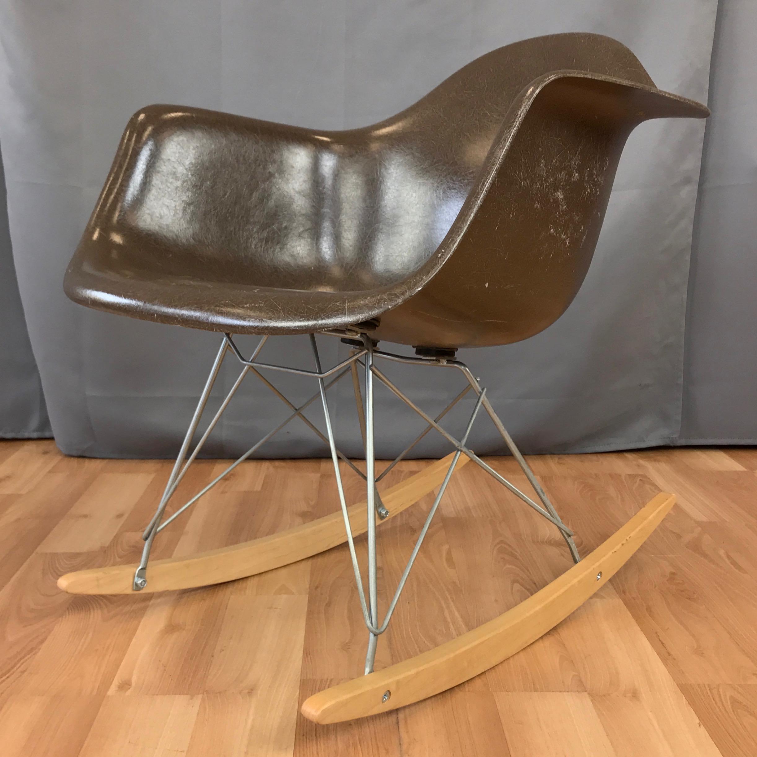 A RAR rocking chair by Charles & Ray Eames for Herman Miller with 1970s seat and newer base.

Designed in 1948, the RAR rocker was one of the first products in Charles & Ray Eames’ line of fiberglass-reinforced molded plastic shell chairs. This