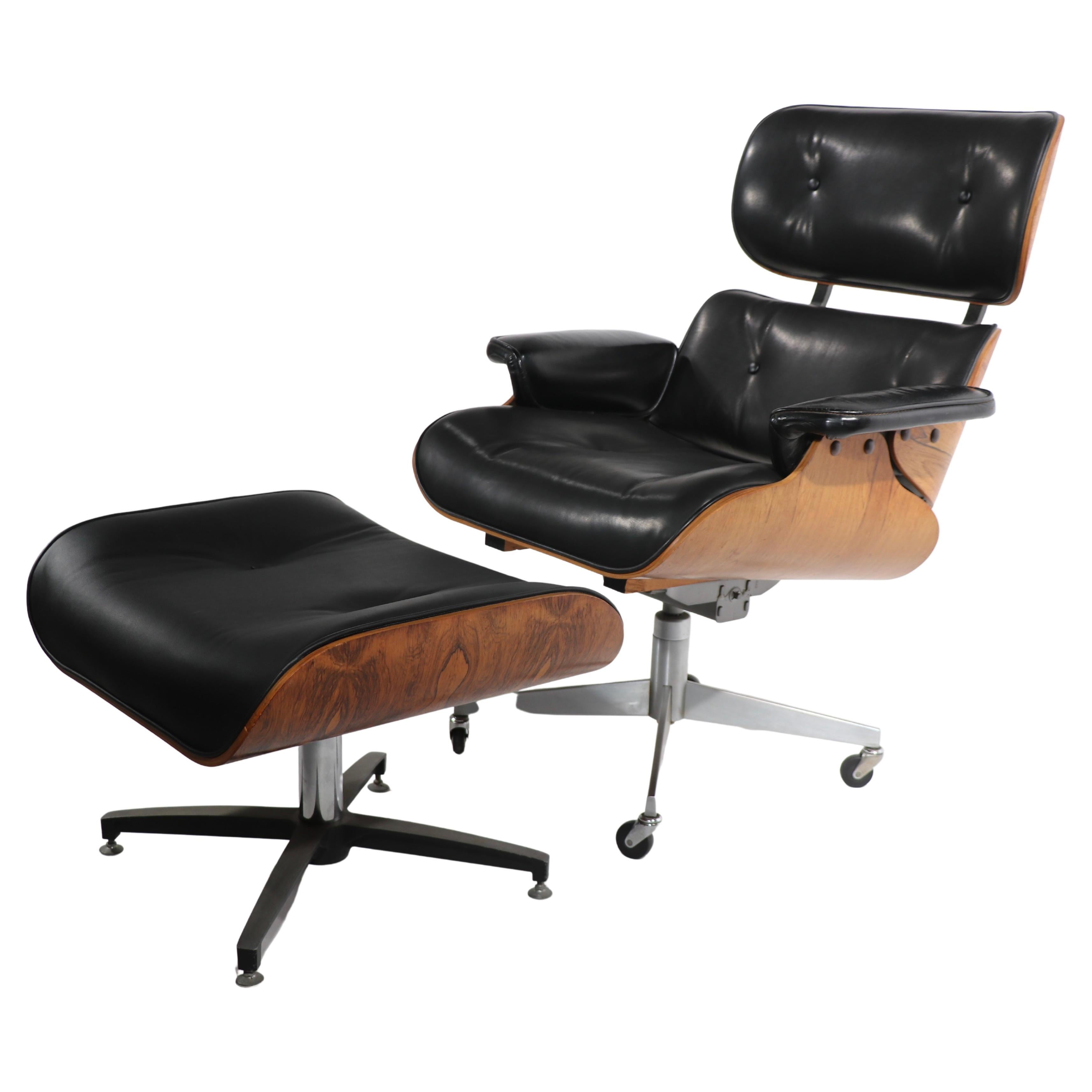 Vintage Eames Style Lounge Chair and Ottoman in Rosewood and Leather 