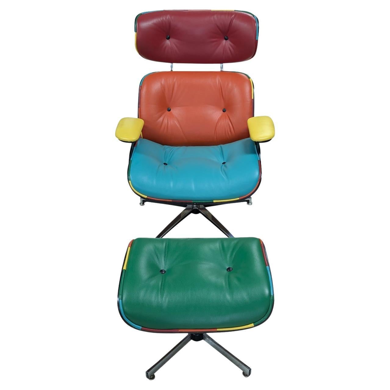 Vintage Eames Style Lounge Chair w/Ottoman, Color Blocked, 41″H