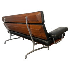 Vintage Eames Three Seater Sofa in black leather and walnut by Herman Miller