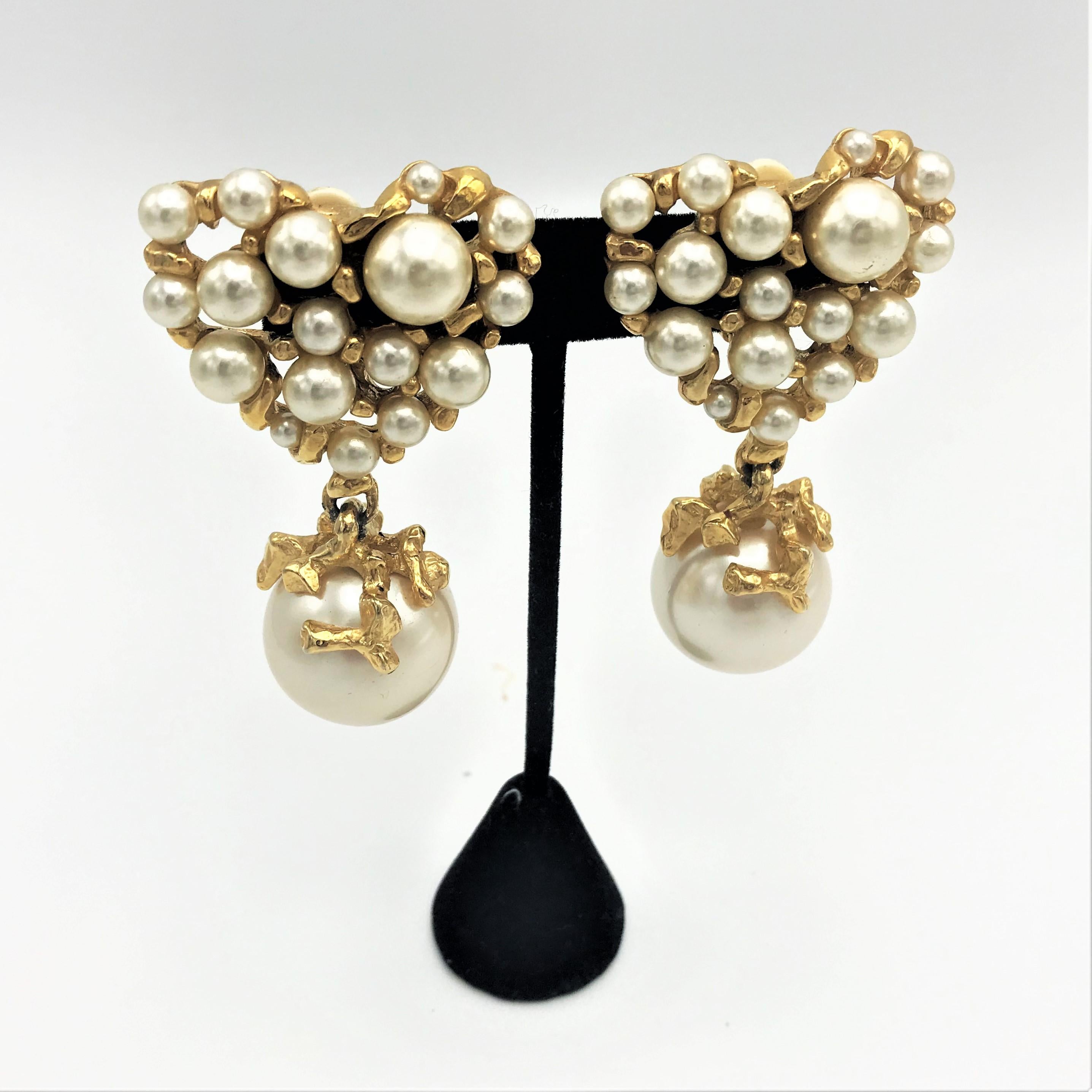 Women's Heart clip on earring with many faux pearls, signed Guy Laroche Paris 1990s