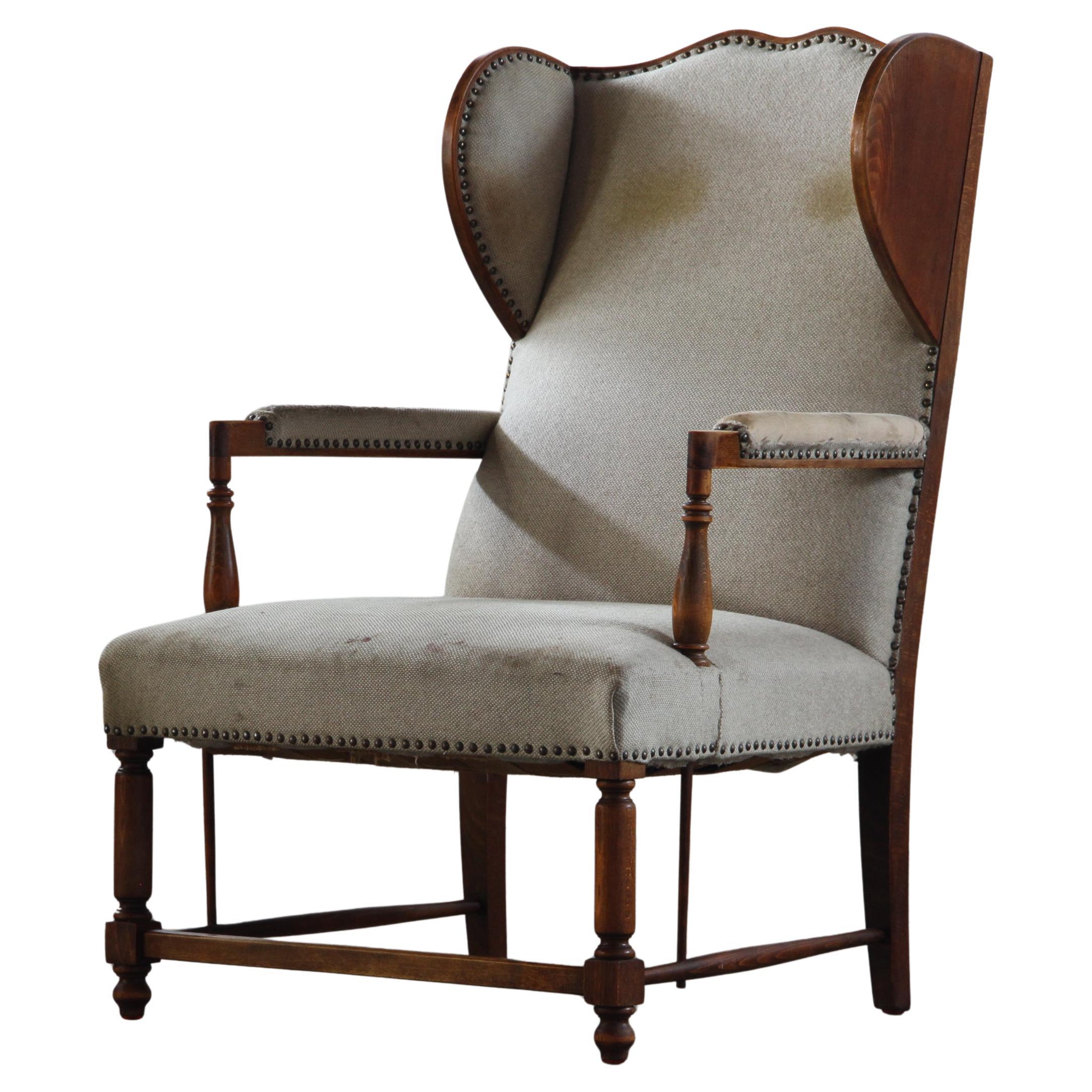 Vintage "Earflap" Dover Wingback Oak Armchair, Denmark, 1930s For Sale