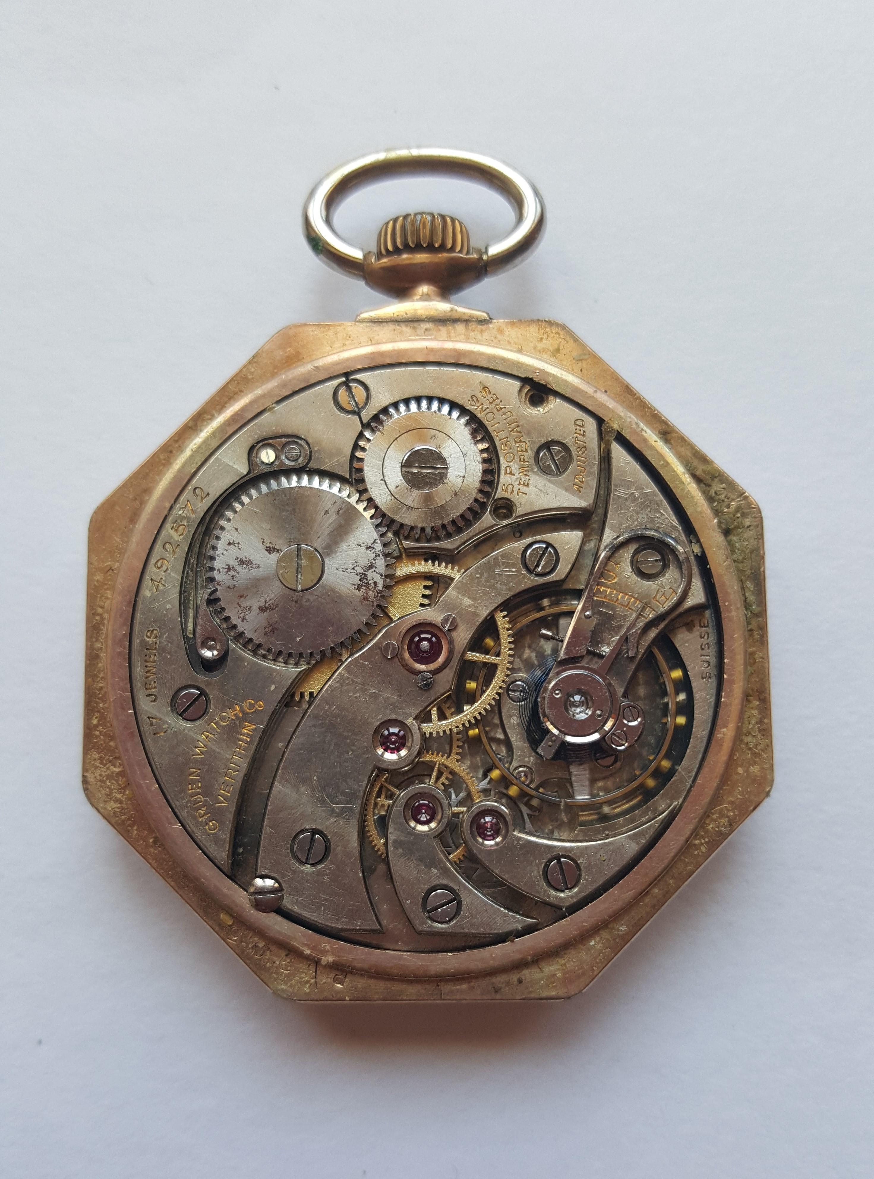 Vintage Early 1900's Gruen Verithin Pocket Watch, Yellow Gold Filled, Working, 5 Positions Adjusted, 17 Jewel, #492572, Good Condition, Art Deco Octagon Shaped Case.
Black roman numerals, chronograph

This watch has not been serviced with a complete