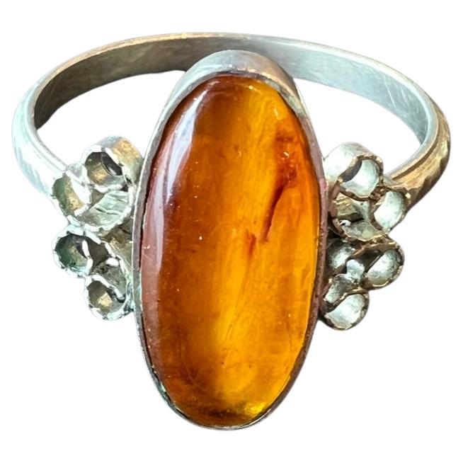 Vintage Early 1900s Oval Clear Amber Ring from Latvia For Sale