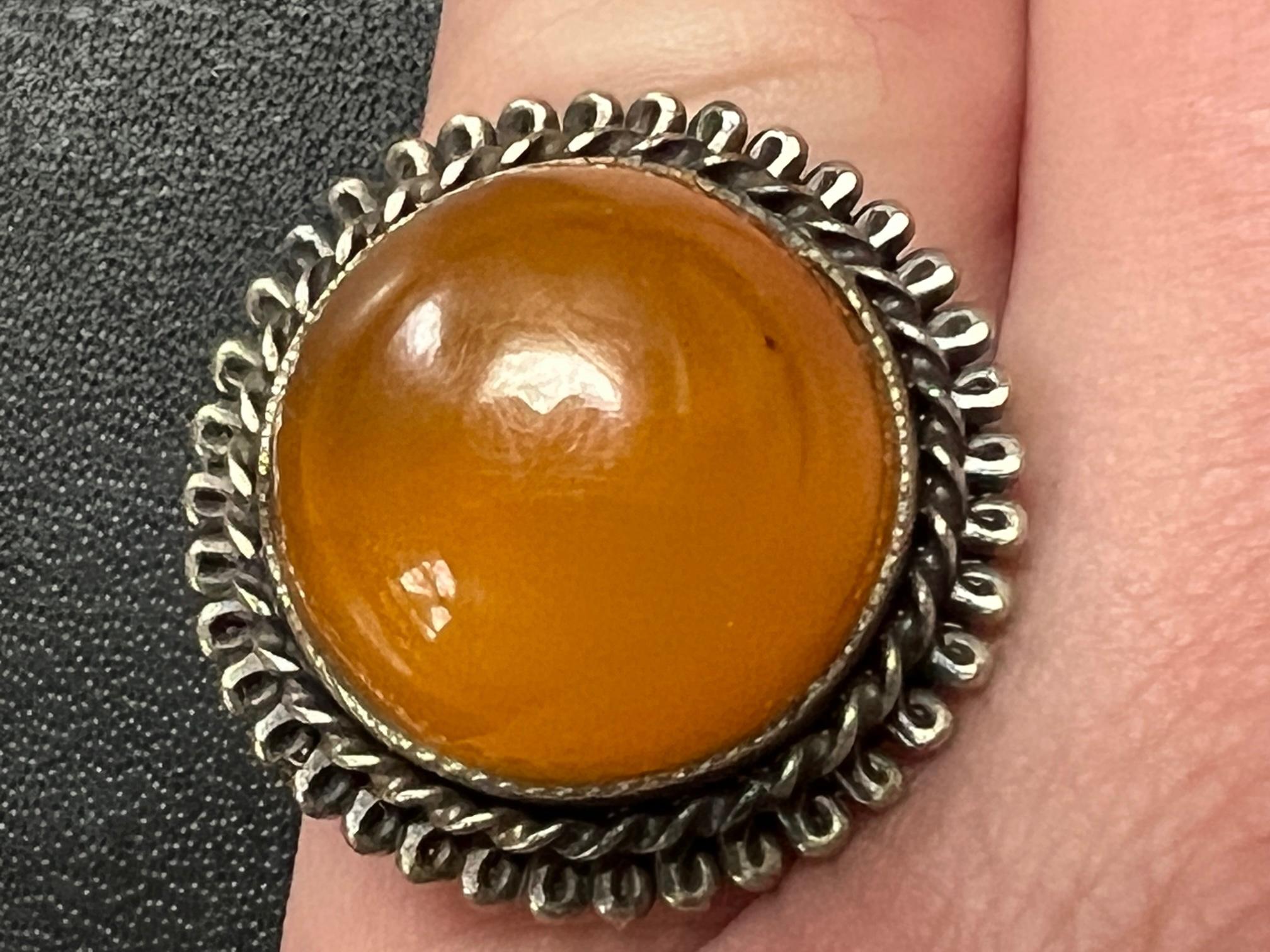 Arts and Crafts Vintage Early 1900s Silver Amber Ring from Latvia For Sale