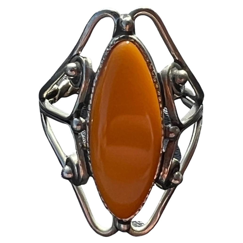 Vintage Early 1900s Silver Amber Ring from Latvia For Sale