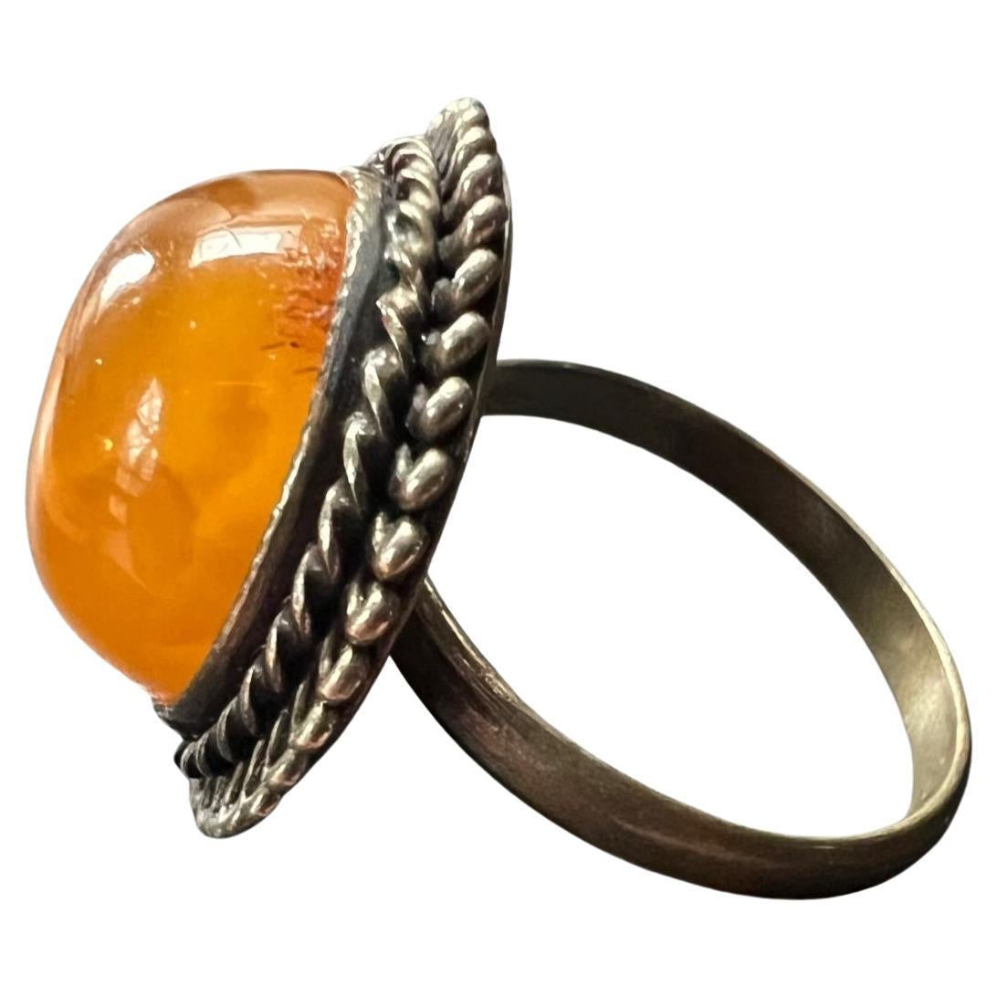 Vintage Early 1900s Silver Amber Ring from Latvia For Sale