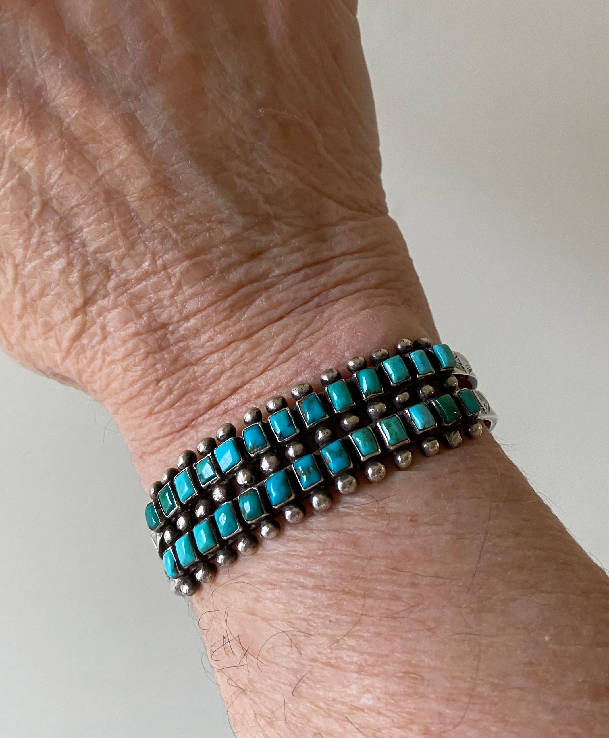 Vintage Early 1900s Zuni Turquoise Two Row Cuff Bracelet 3