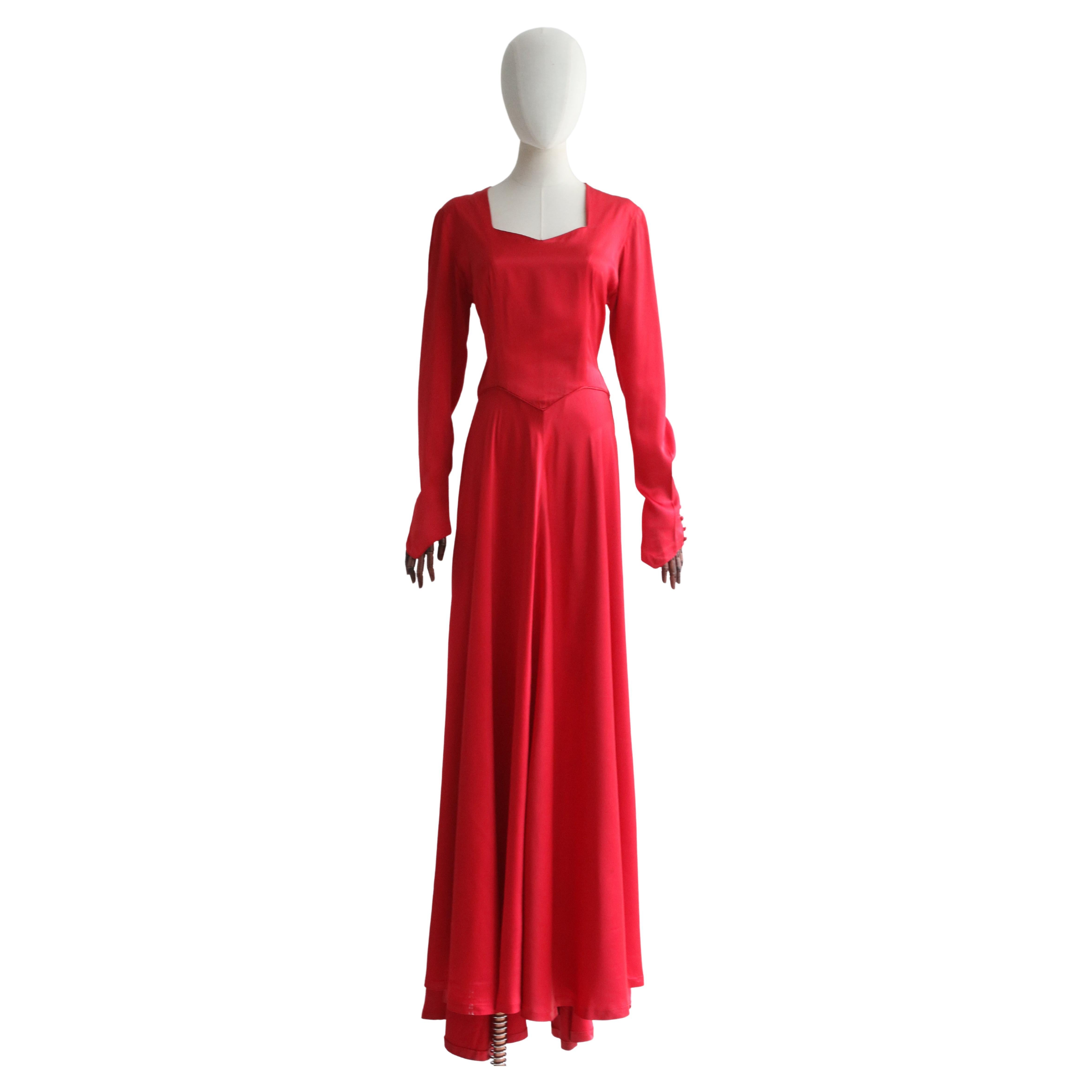 Vintage Early 1940's Crimson Red Satin Evening Dress UK 10-12 US 6-8 For Sale