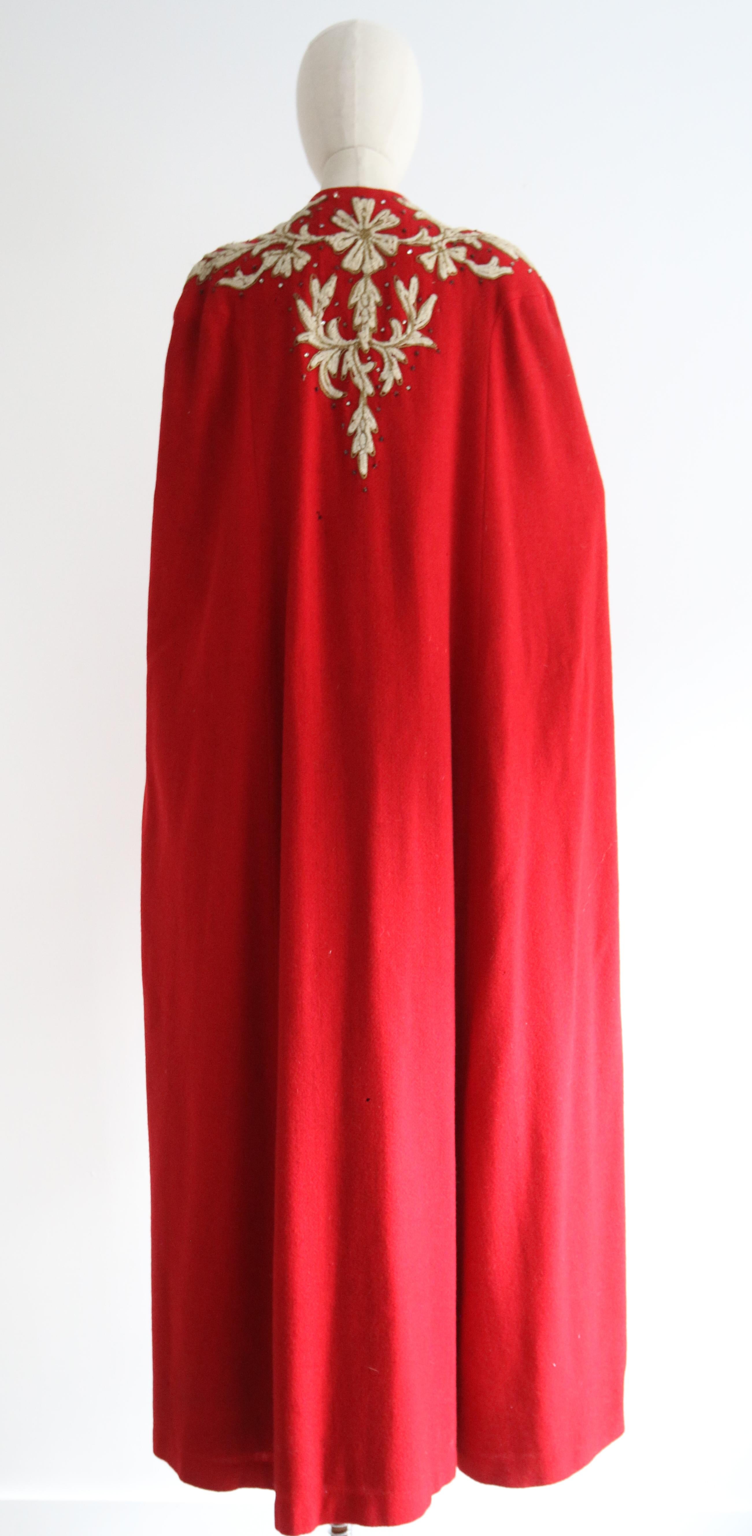 Vintage Early 1940's Red Wool Embroidered Cape UK 10-16 US 6-12 For Sale 6