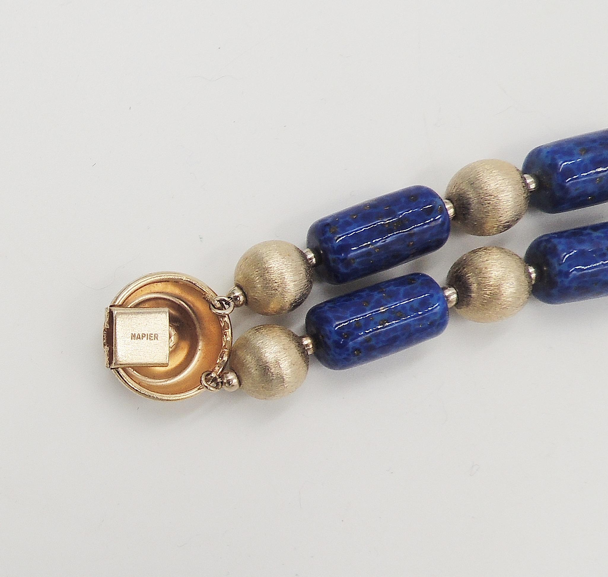 Egyptian Revival Vintage Early 1950s Signed Napier Goldtone Faux-Lapis Beaded Bracelet For Sale