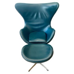 Vintage Early 1960's Blue Leather Egg Chair with Matching Ottoman Unusual Color