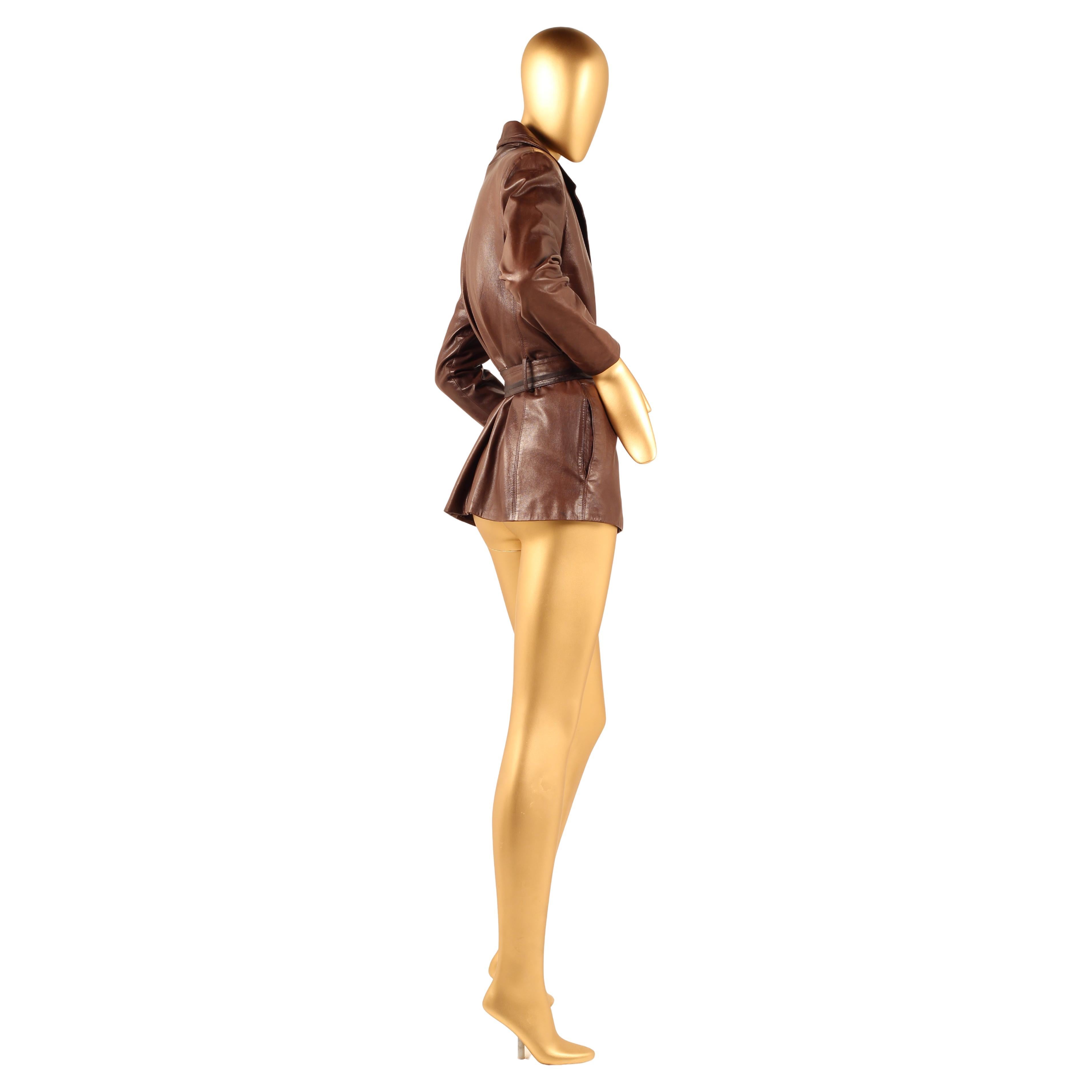 Vintage Early 1980s Yves Saint Laurent Rive Gauche Brown Leather Longline Jacket For Sale 5