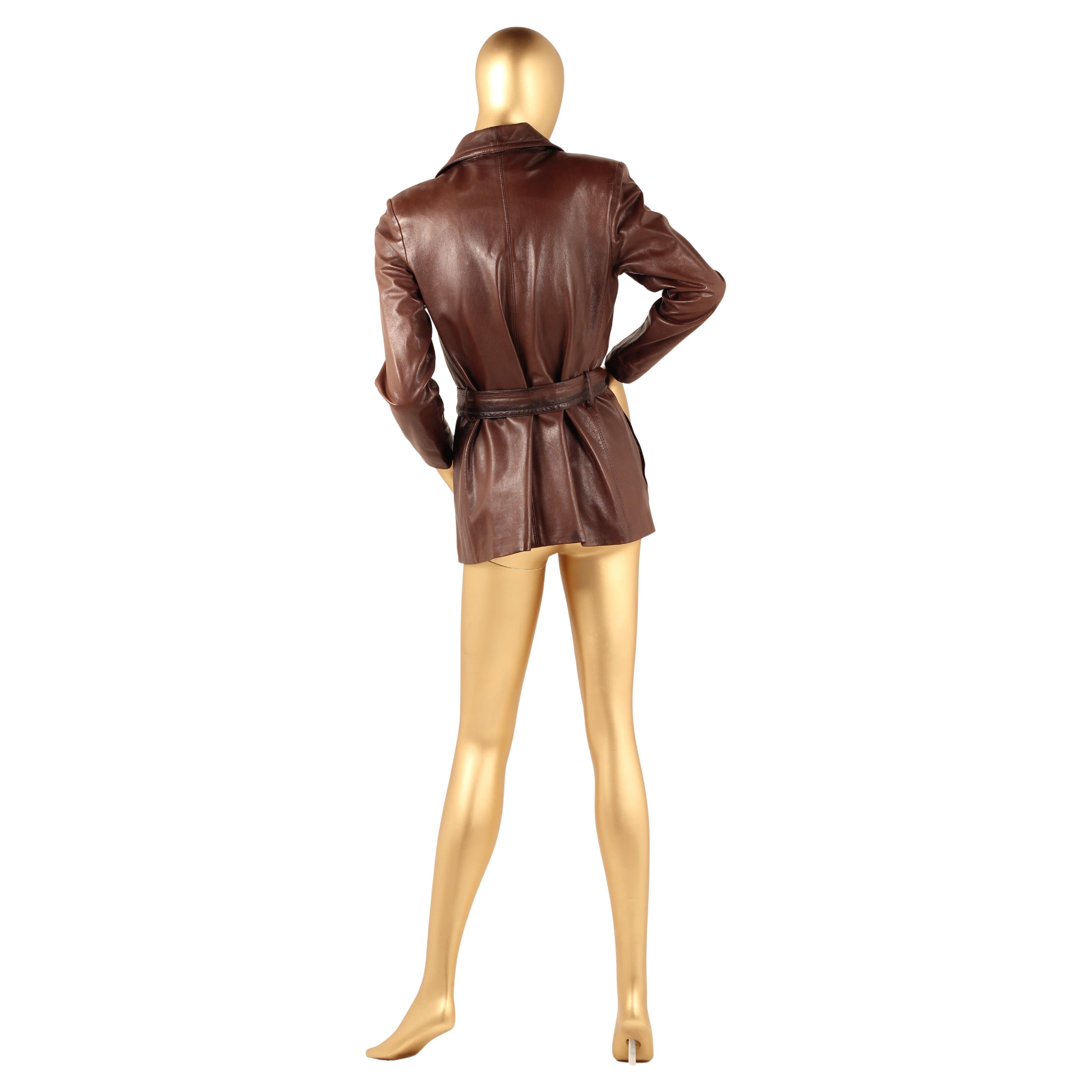 Vintage Early 1980s Yves Saint Laurent Rive Gauche Brown Leather Longline Jacket For Sale 6