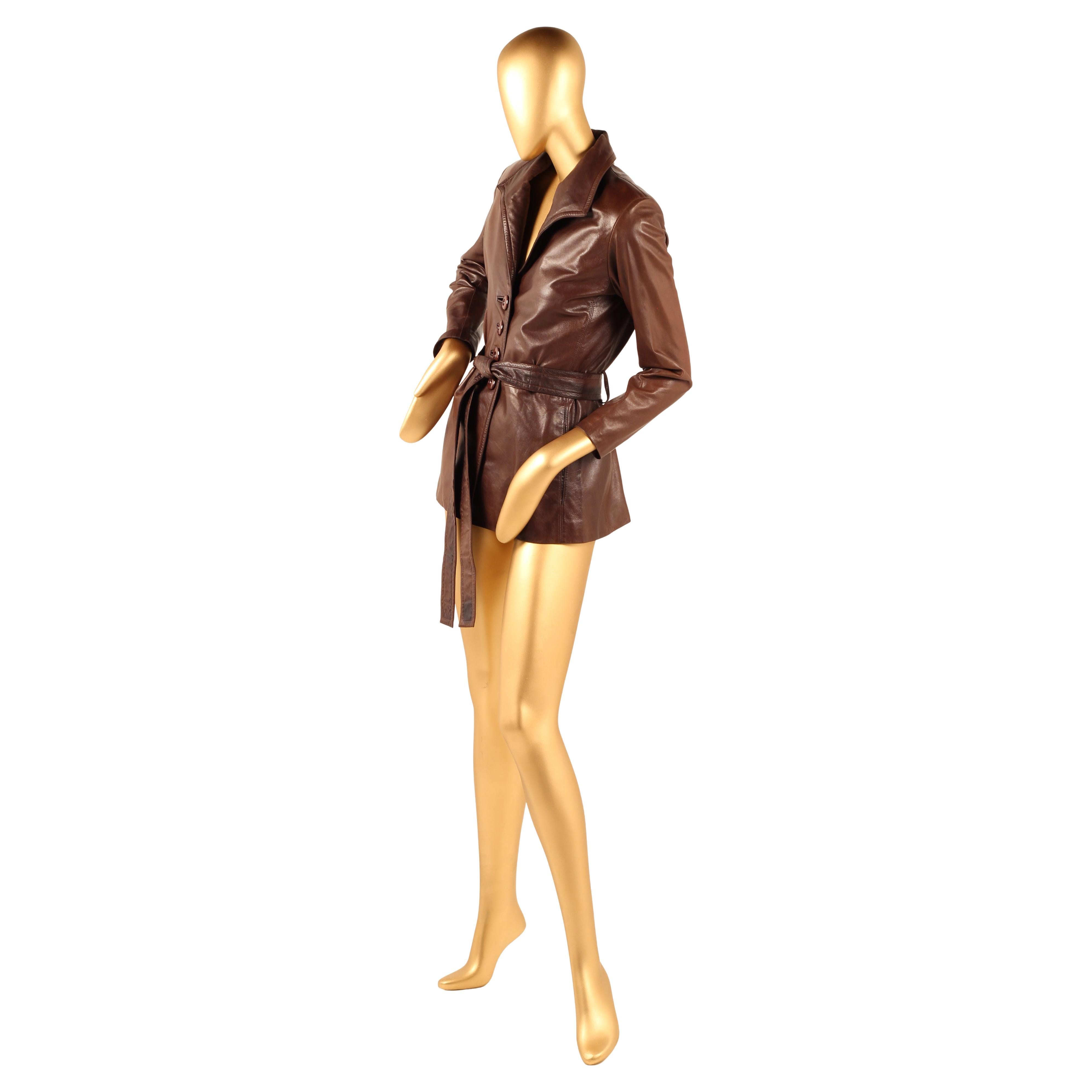 Vintage Early 1980s Yves Saint Laurent Rive Gauche Brown Leather Longline Jacket For Sale 7