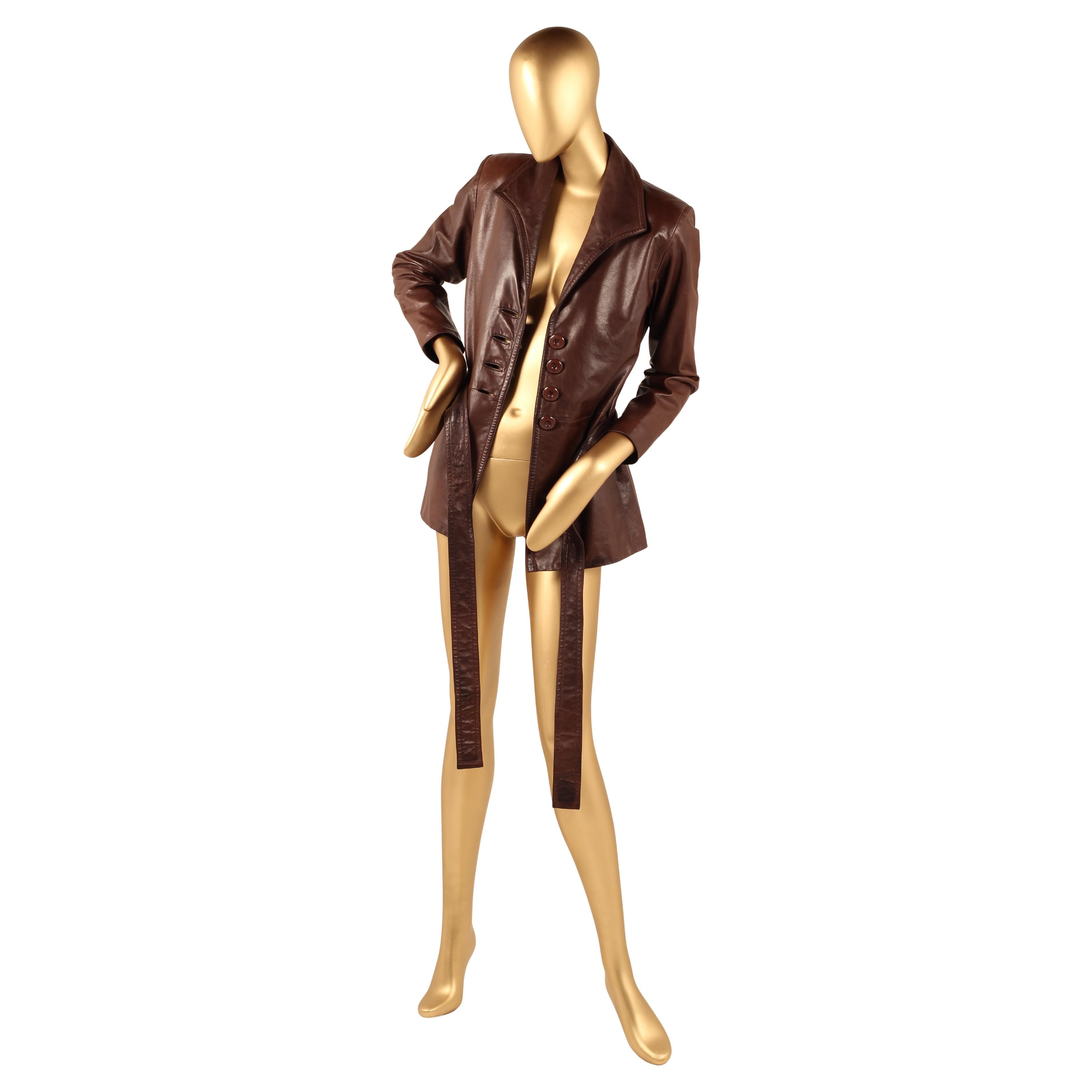 Vintage Early 1980s Yves Saint Laurent Rive Gauche Brown Leather Longline Jacket For Sale 8