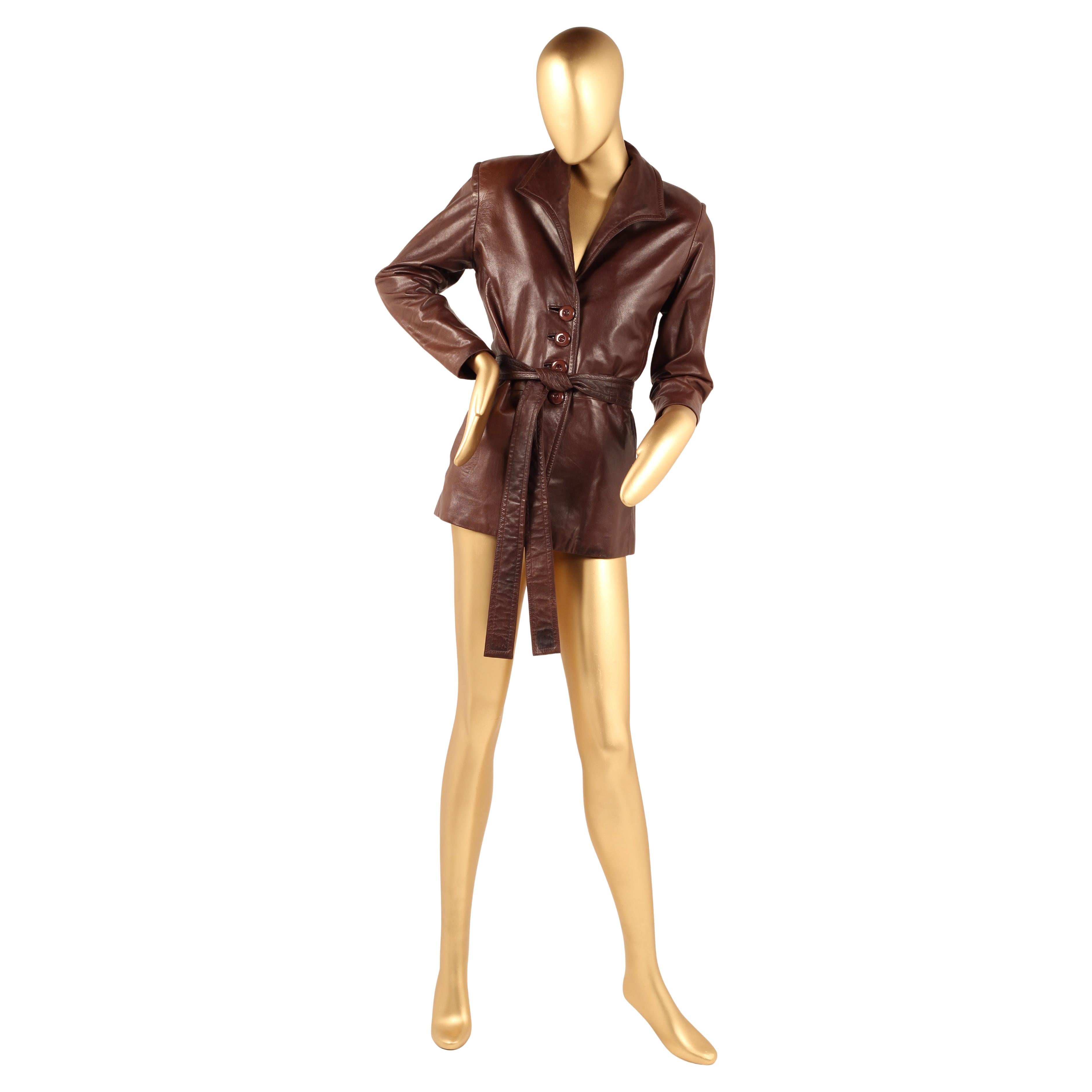 Vintage Early 1980s Yves Saint Laurent Rive Gauche Brown Leather Longline Jacket For Sale 9