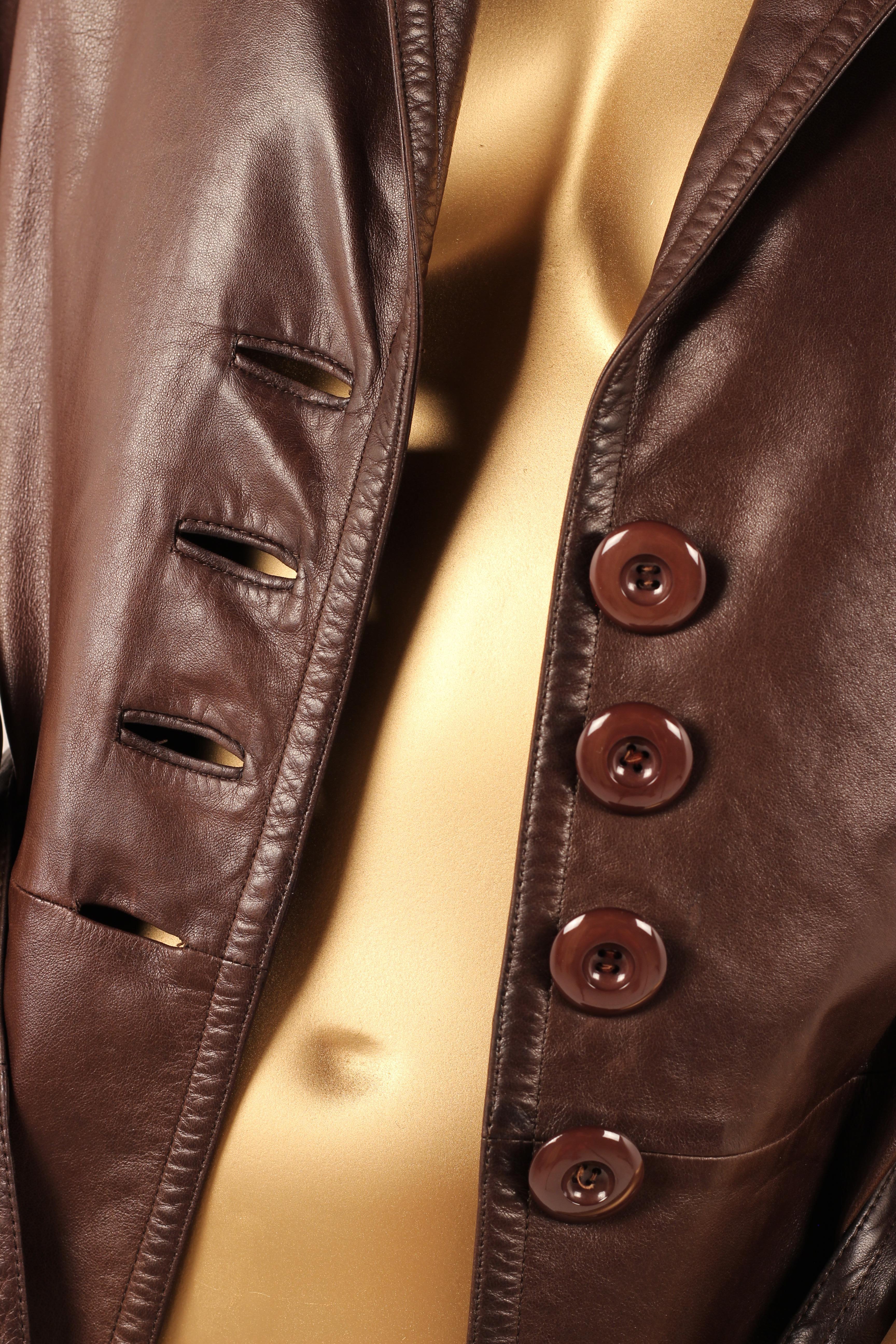 Vintage Early 1980s Yves Saint Laurent Rive Gauche Brown Leather Longline Jacket For Sale 11