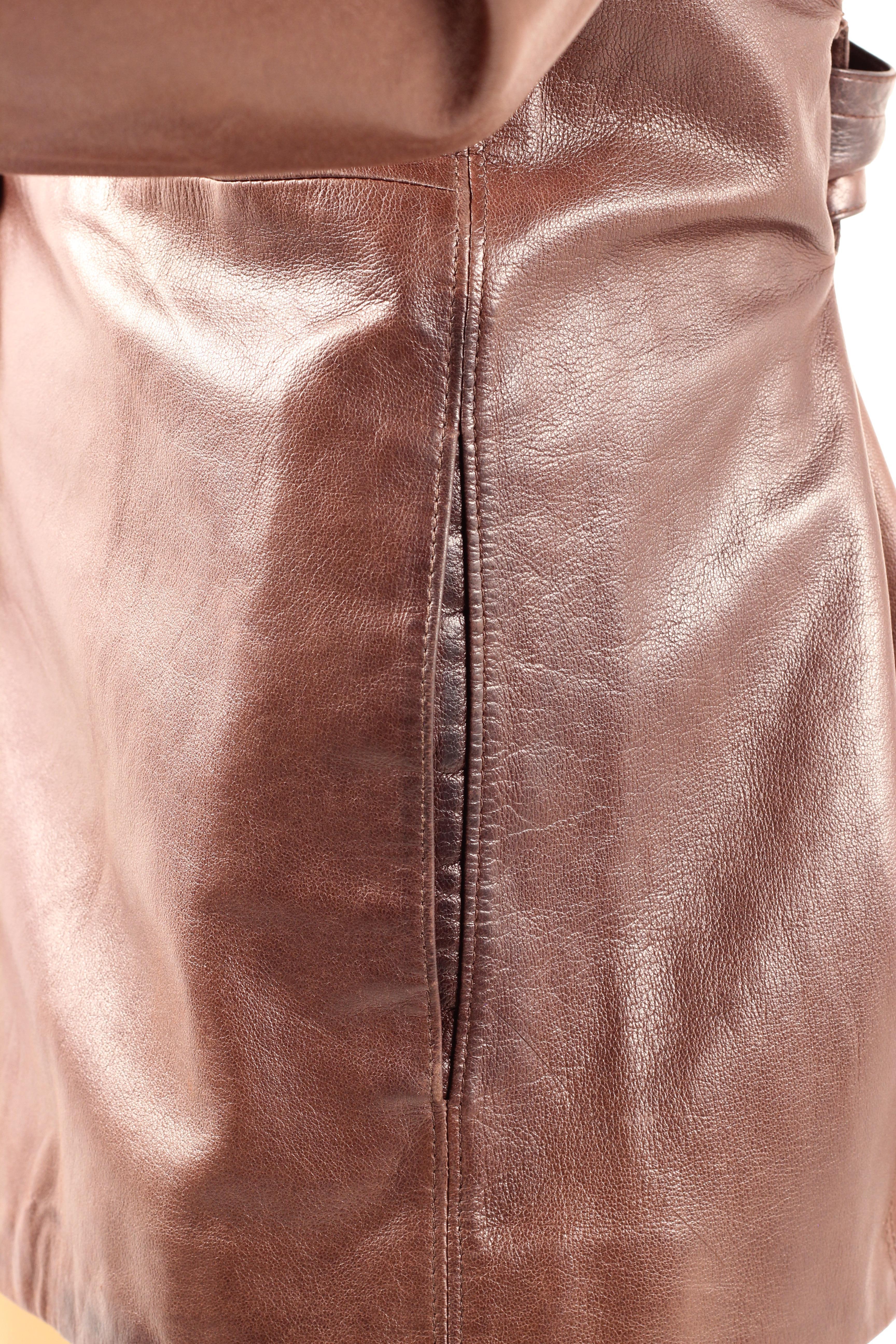 Vintage Early 1980s Yves Saint Laurent Rive Gauche Brown Leather Longline Jacket For Sale 12