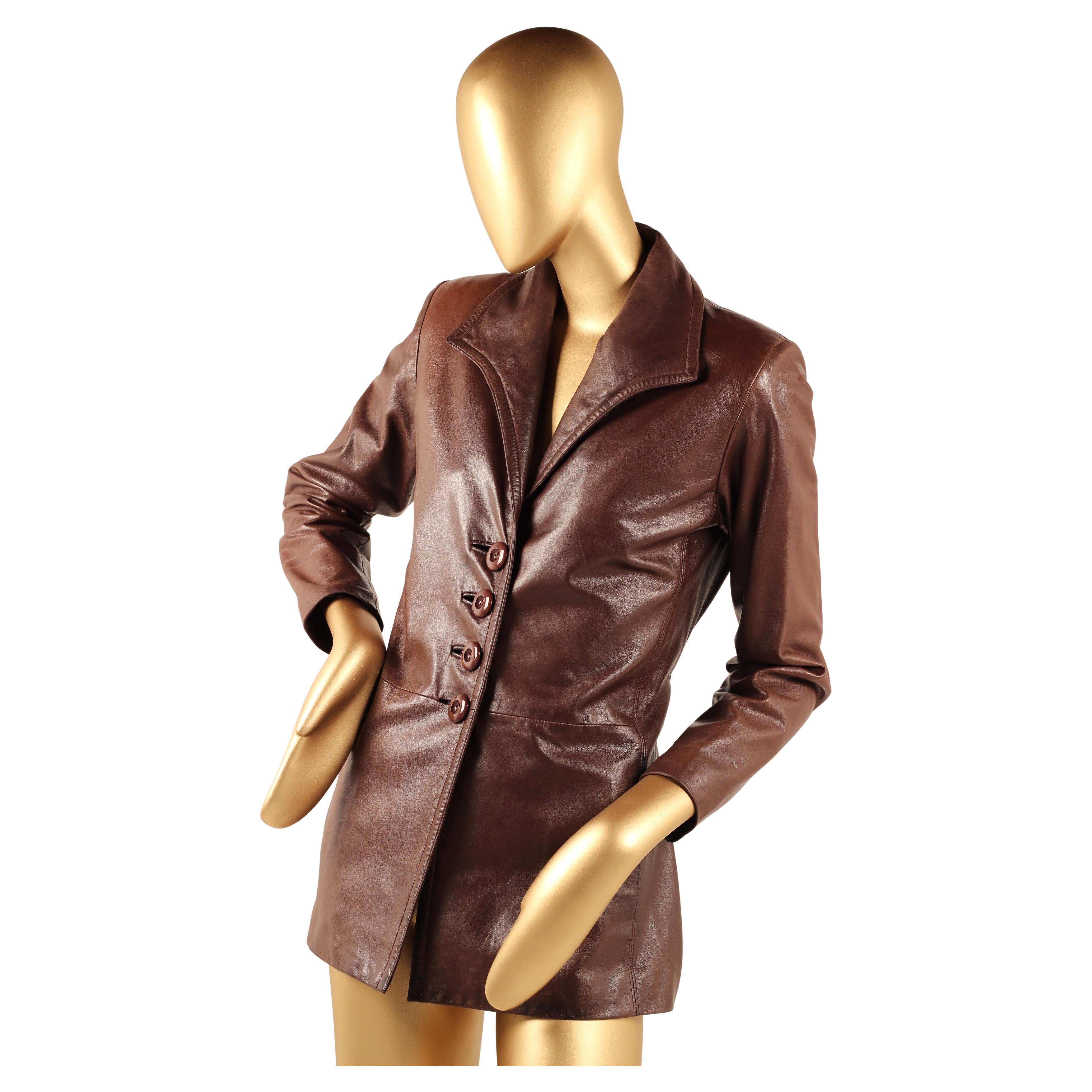 Beige Vintage Early 1980s Yves Saint Laurent Rive Gauche Brown Leather Longline Jacket For Sale