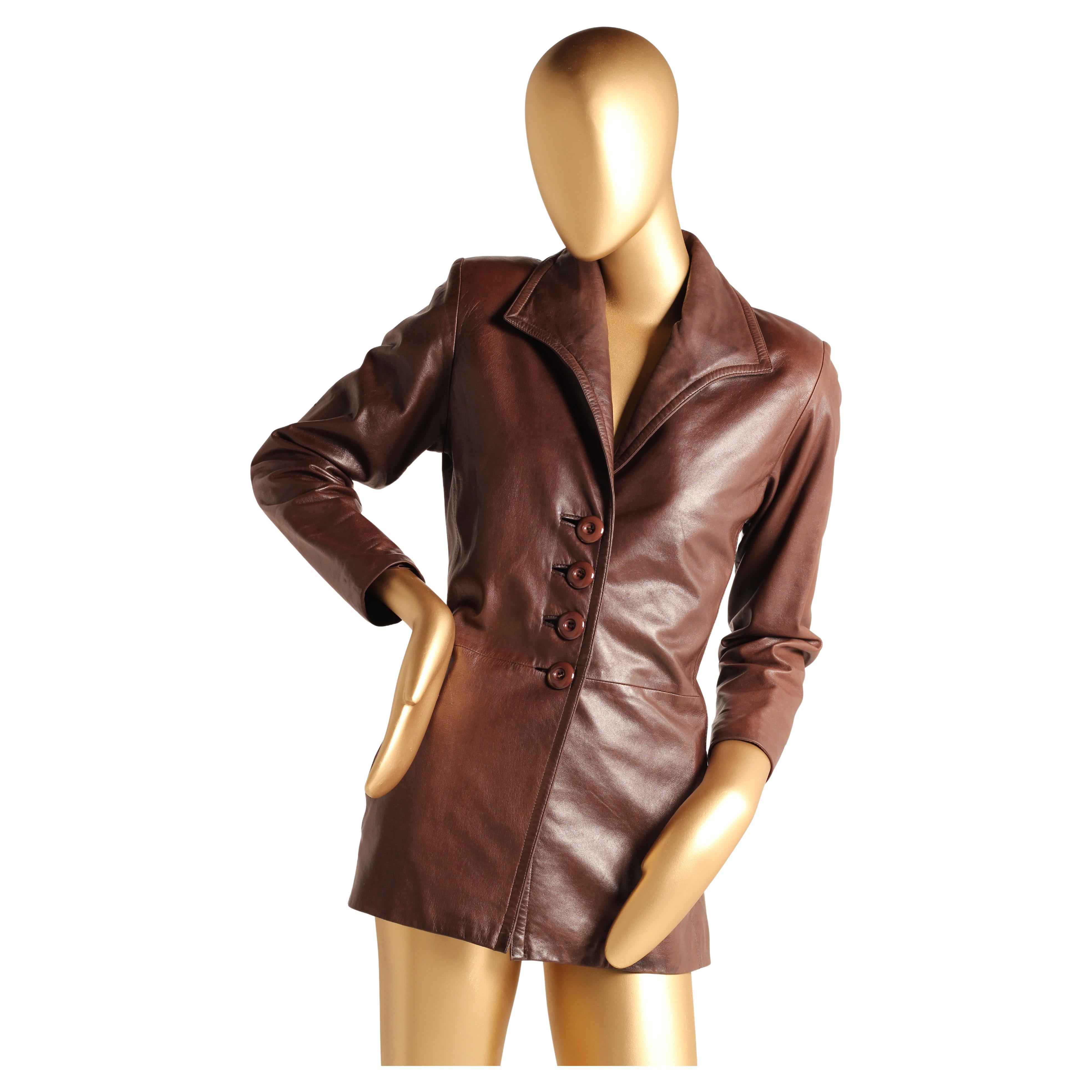 Vintage Early 1980s Yves Saint Laurent Rive Gauche Brown Leather Longline Jacket In Good Condition For Sale In London, GB