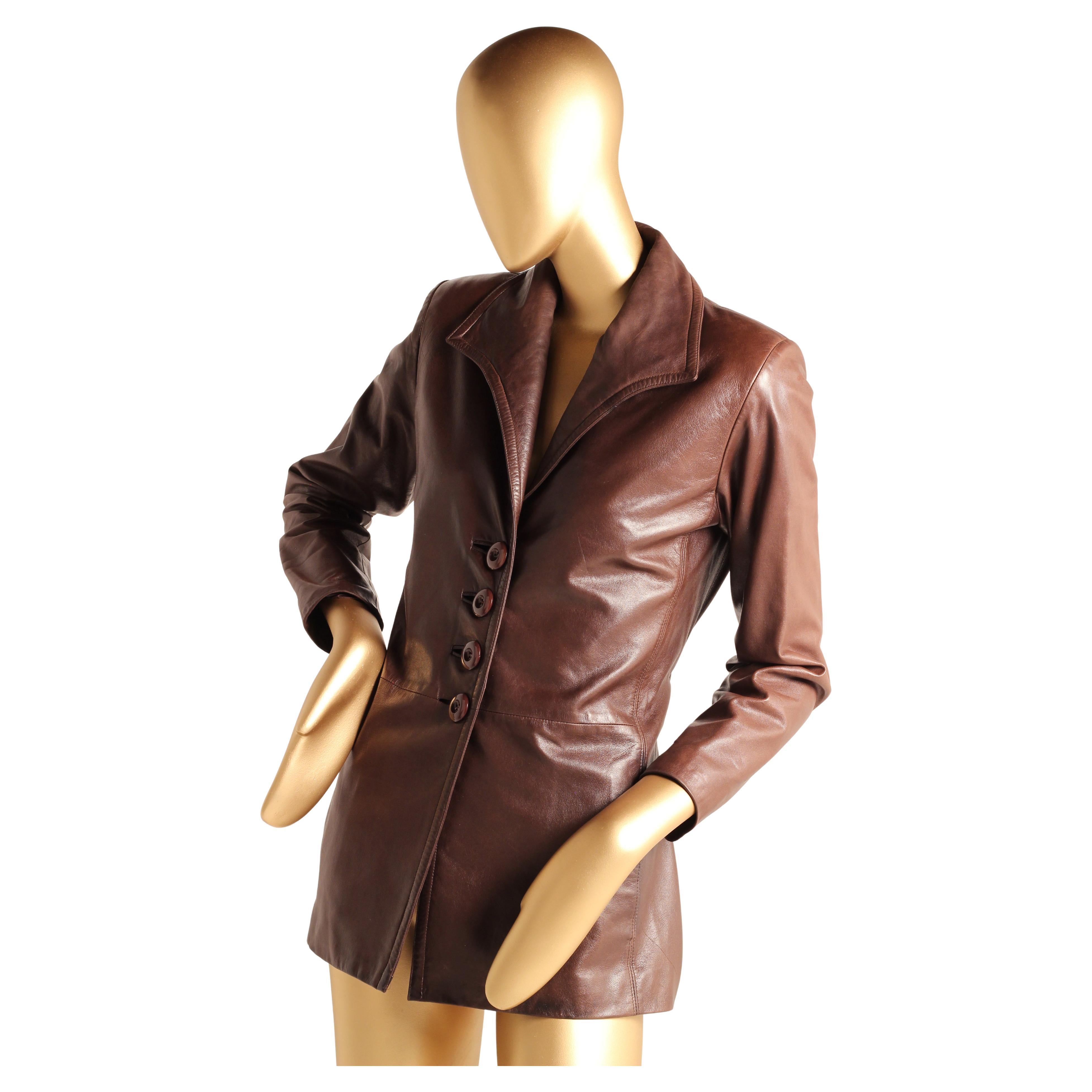 Women's Vintage Early 1980s Yves Saint Laurent Rive Gauche Brown Leather Longline Jacket For Sale