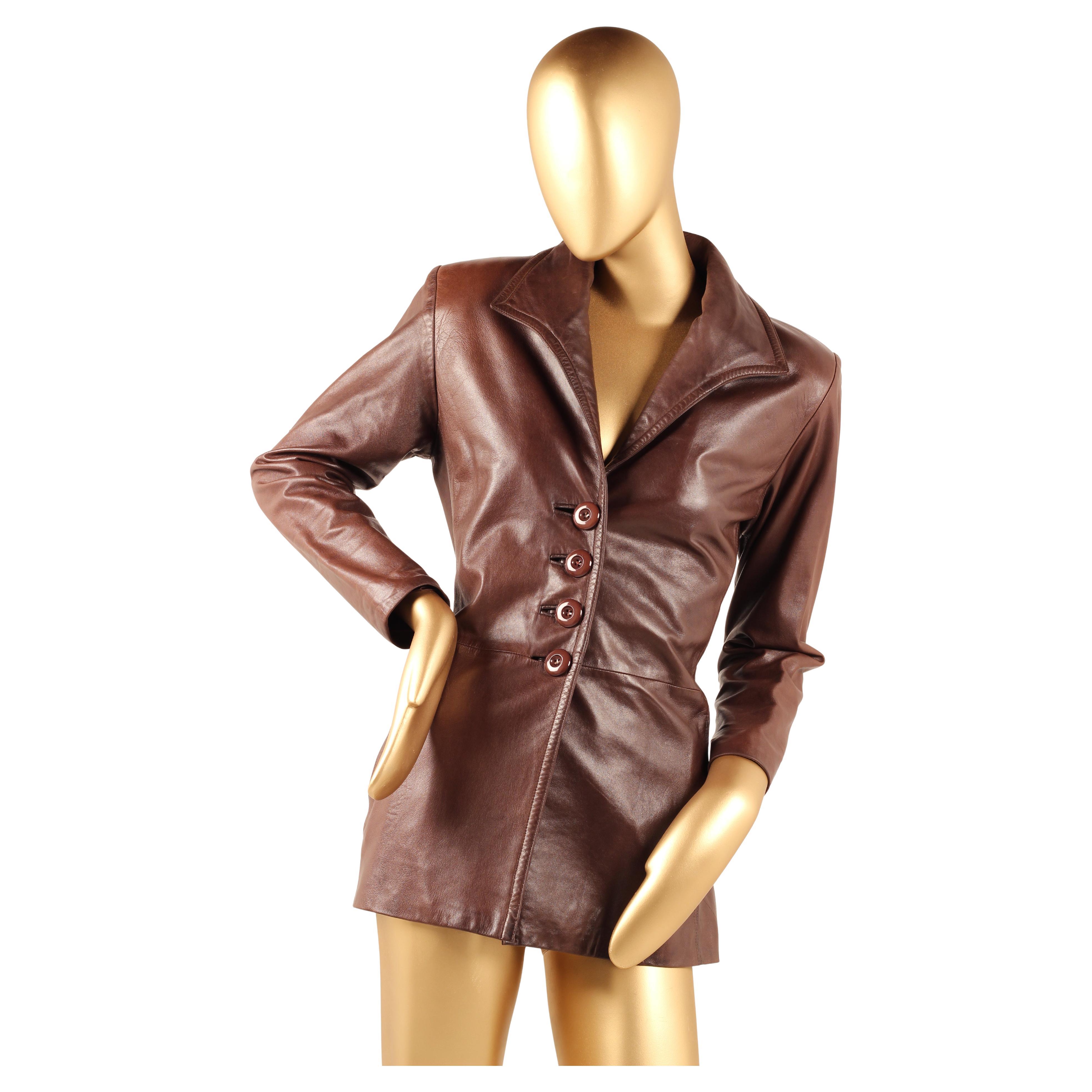 Vintage Early 1980s Yves Saint Laurent Rive Gauche Brown Leather Longline Jacket For Sale 1
