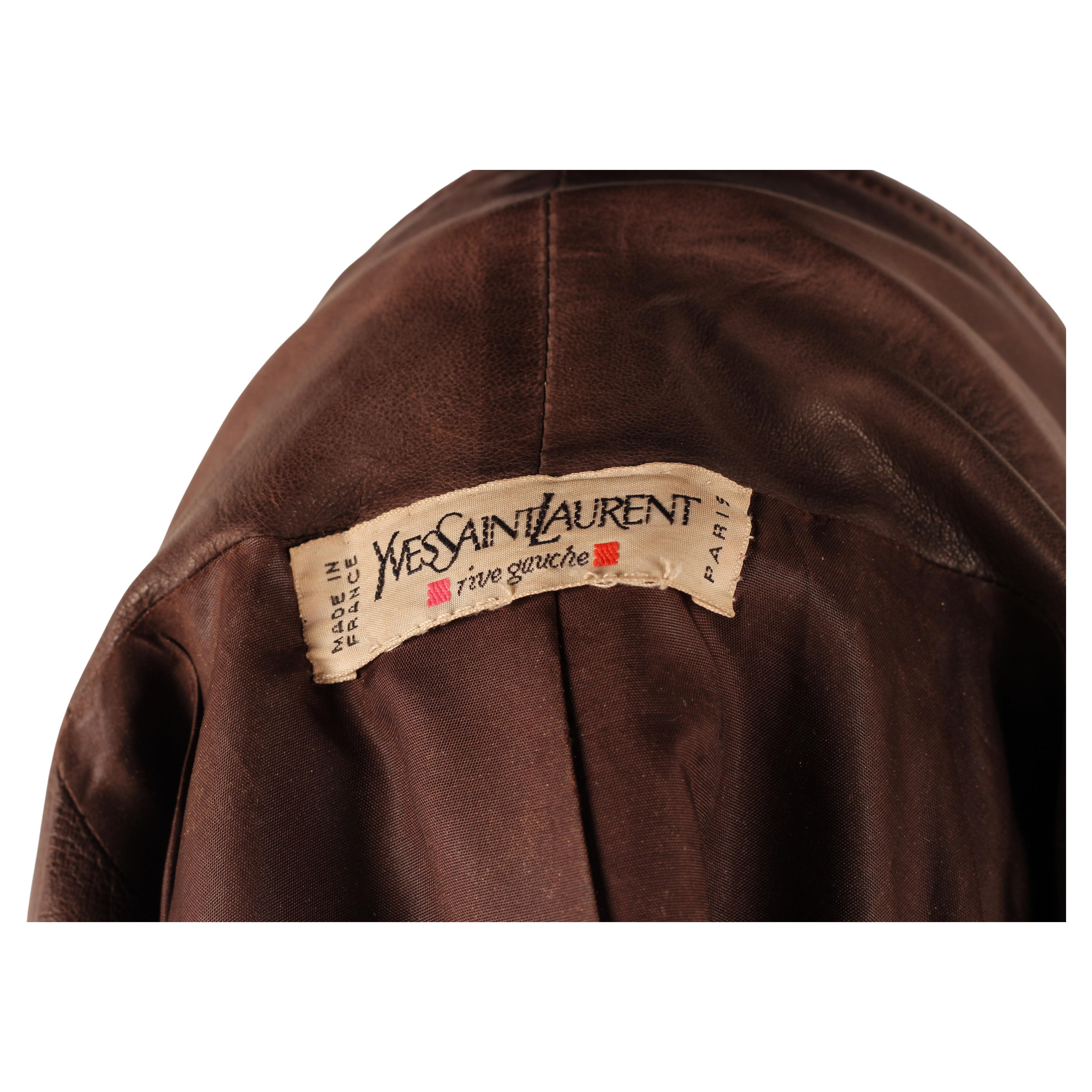 Vintage Early 1980s Yves Saint Laurent Rive Gauche Brown Leather Longline Jacket For Sale 2