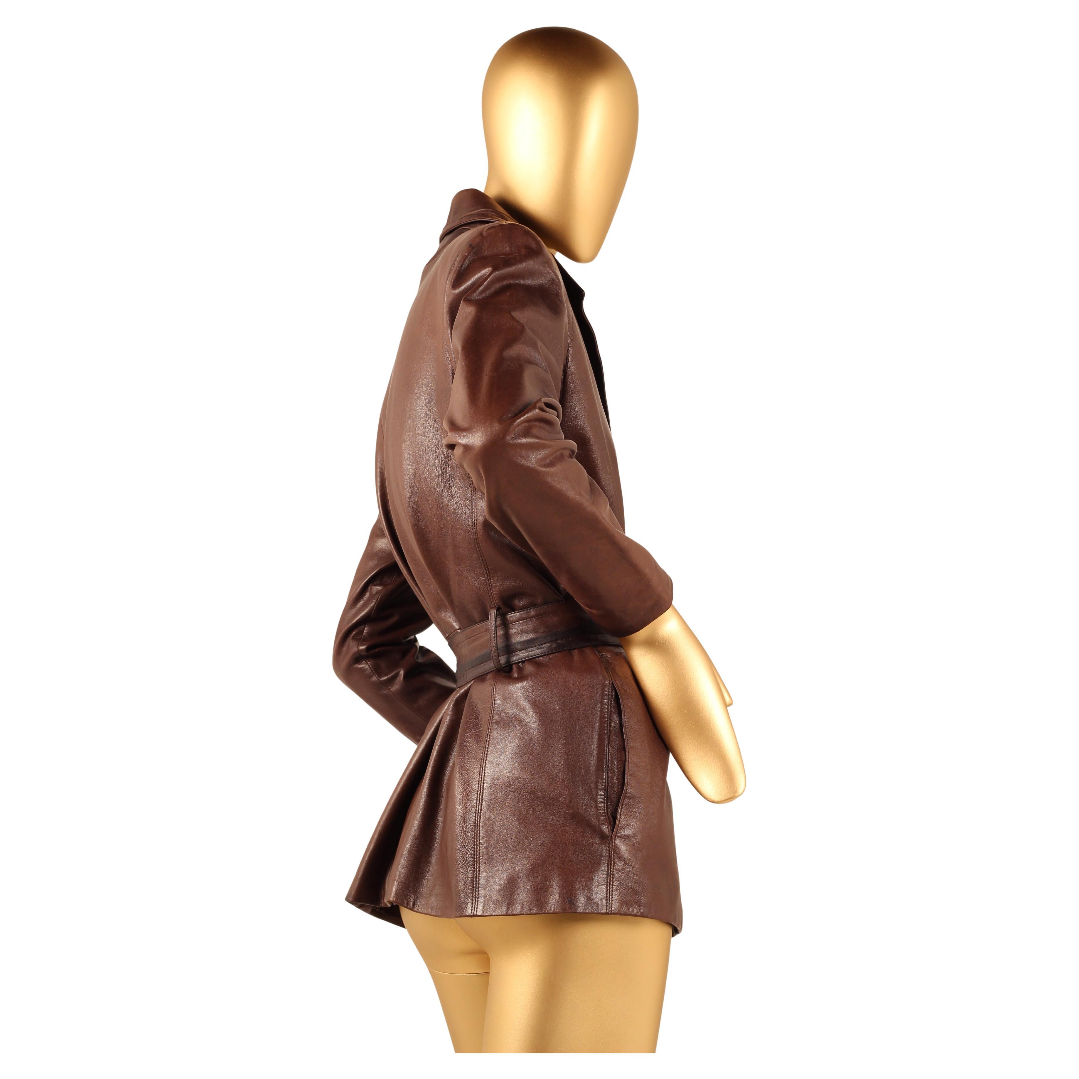 Vintage Early 1980s Yves Saint Laurent Rive Gauche Brown Leather Longline Jacket For Sale 3