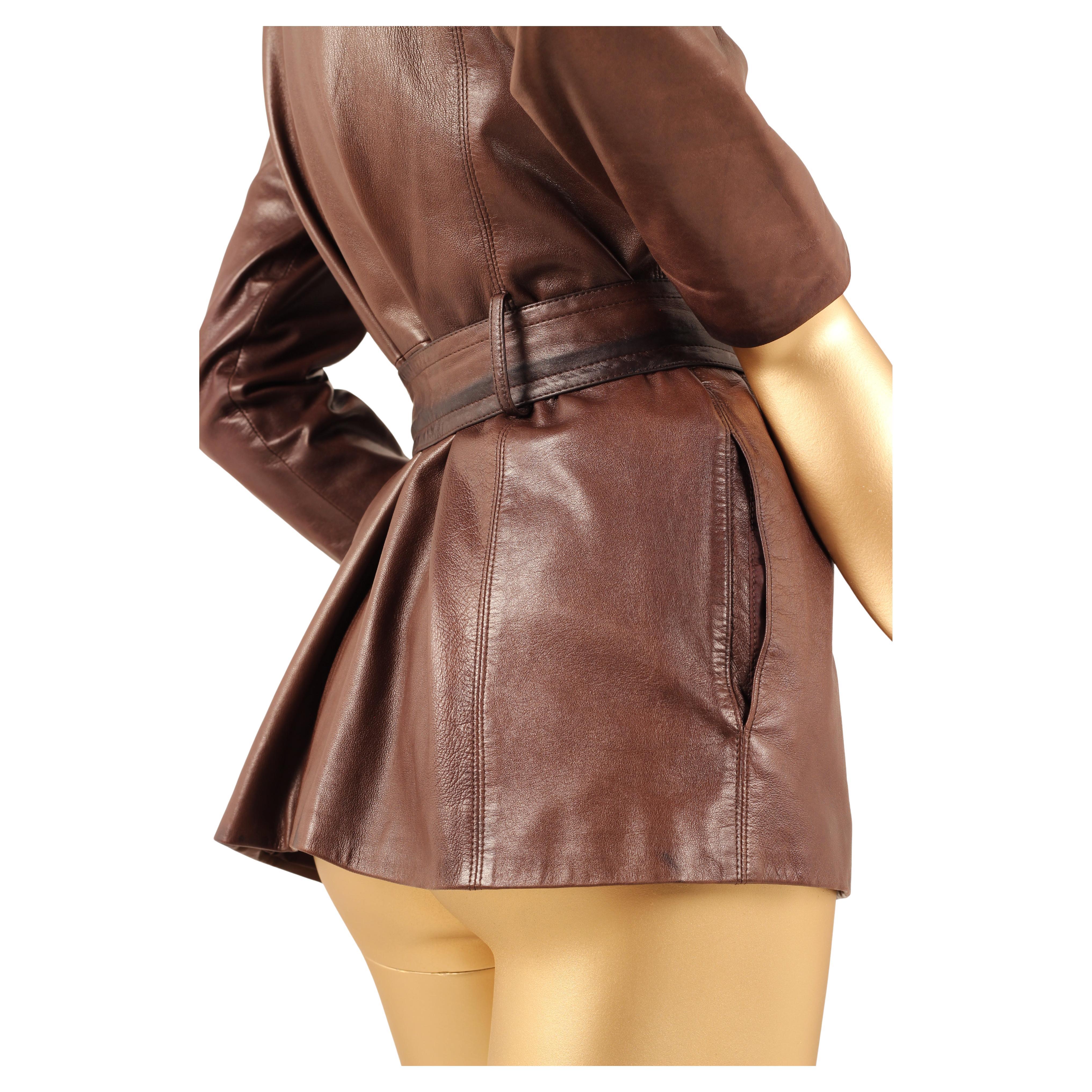 Vintage Early 1980s Yves Saint Laurent Rive Gauche Brown Leather Longline Jacket For Sale 4