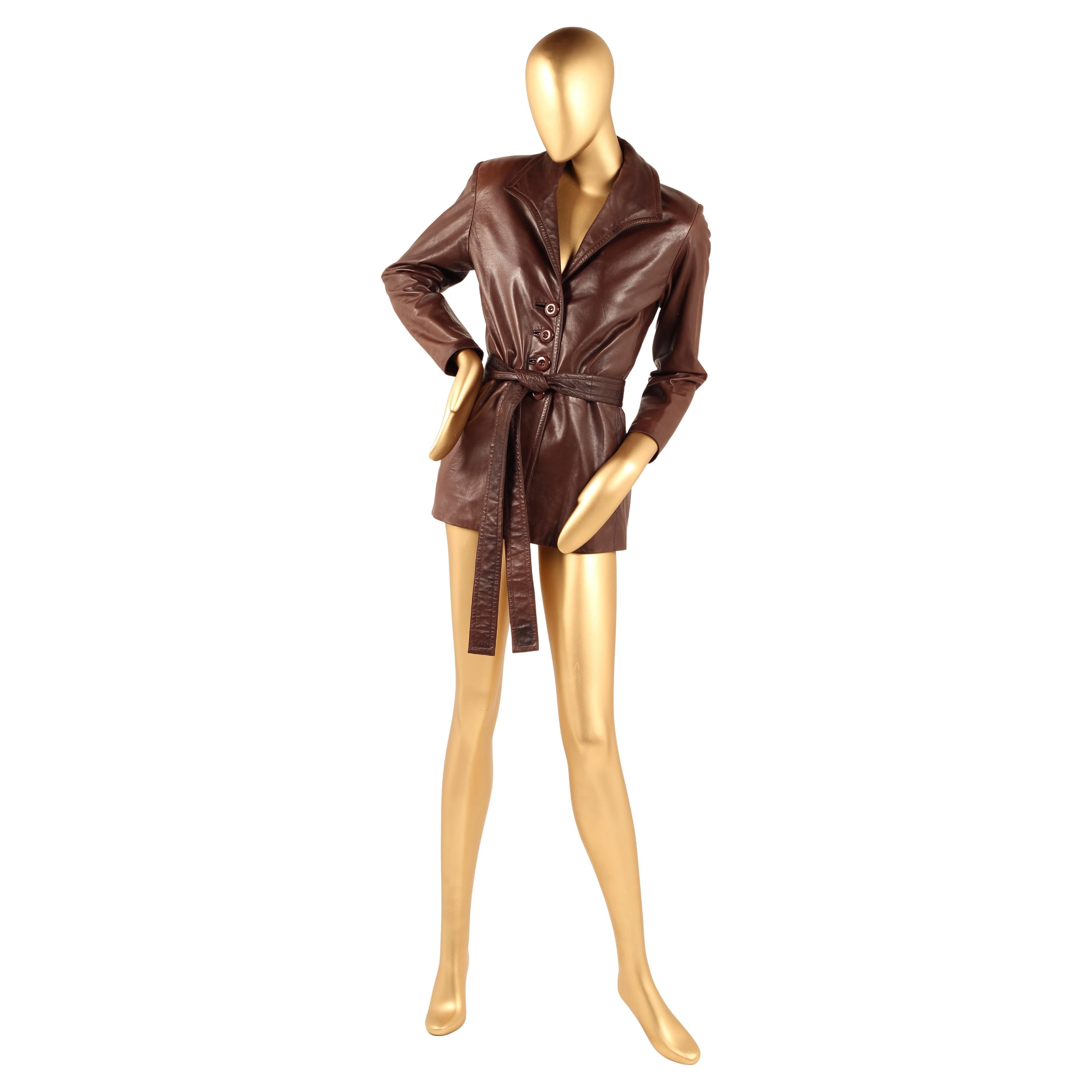 Vintage Early 1980s Yves Saint Laurent Rive Gauche Brown Leather Longline Jacket For Sale