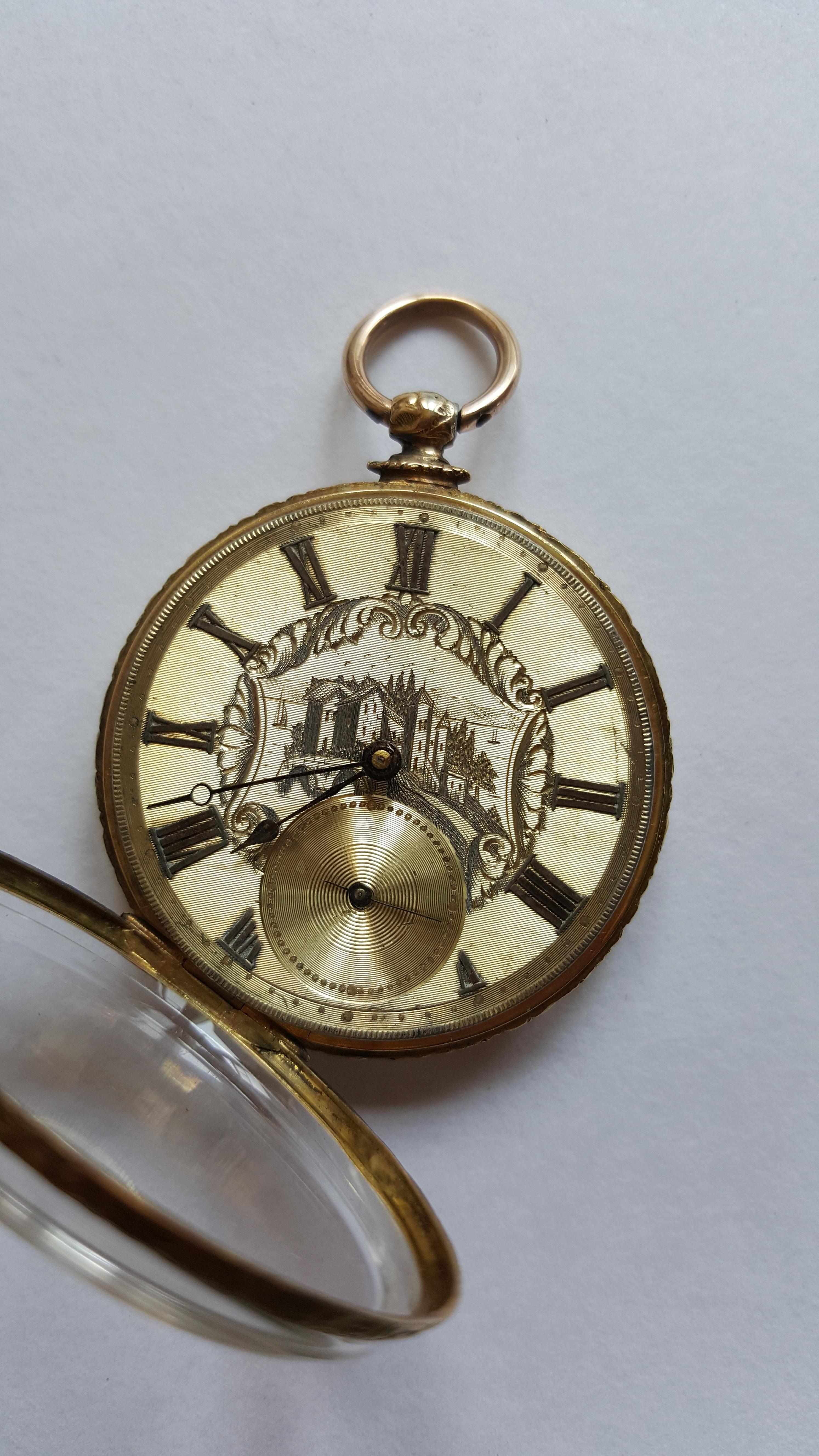 18kt Vintage frühes 19. Jahrhundert  Gold-Taschenuhr, Schlüsselanhänger, funktionierend, 40 mm  im Zustand „Gut“ im Angebot in Rancho Santa Fe, CA