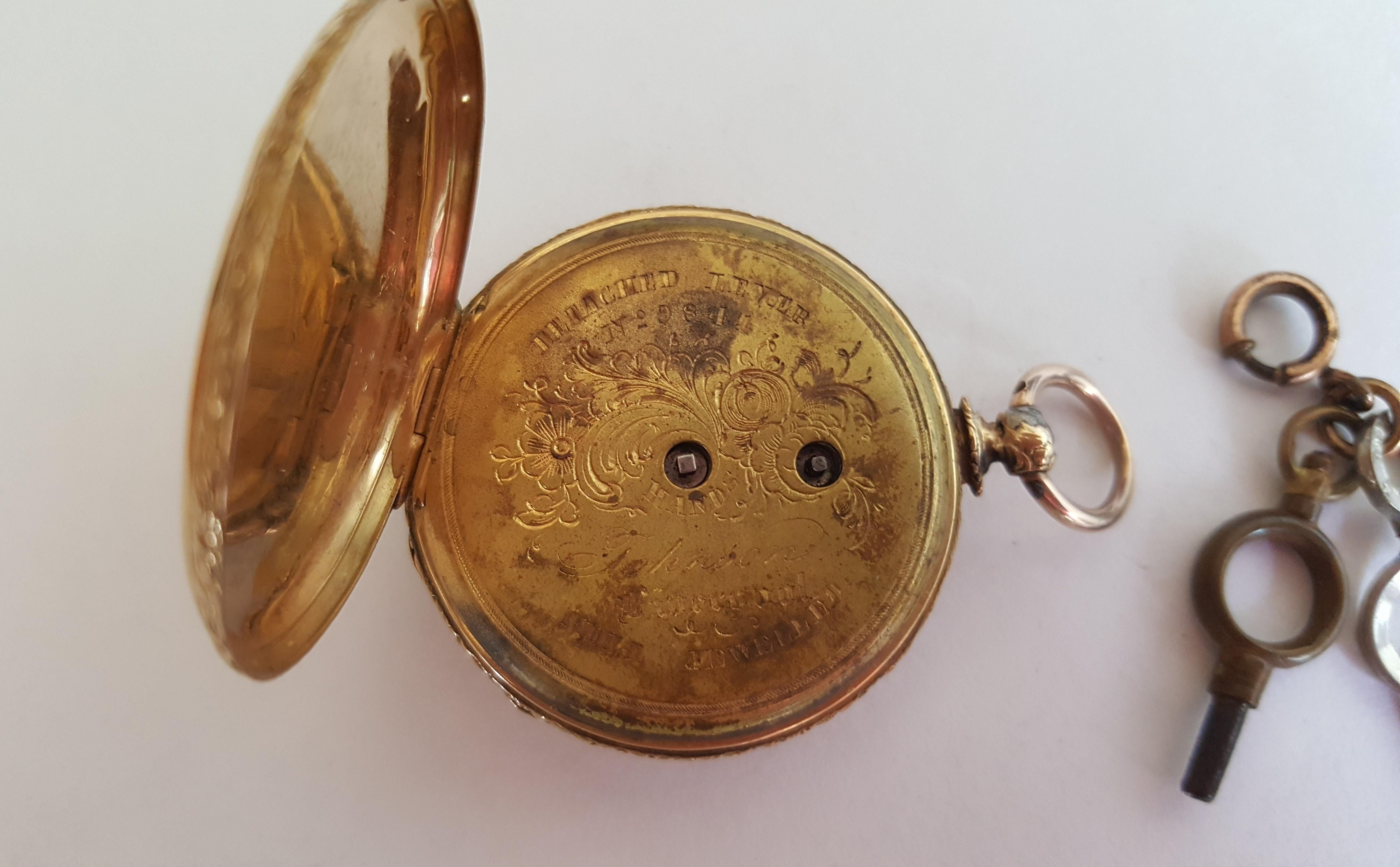 18kt Vintage Early 19th Century  Gold Pocket Watch, Key Wind, Working, 40mm In Good Condition In Rancho Santa Fe, CA