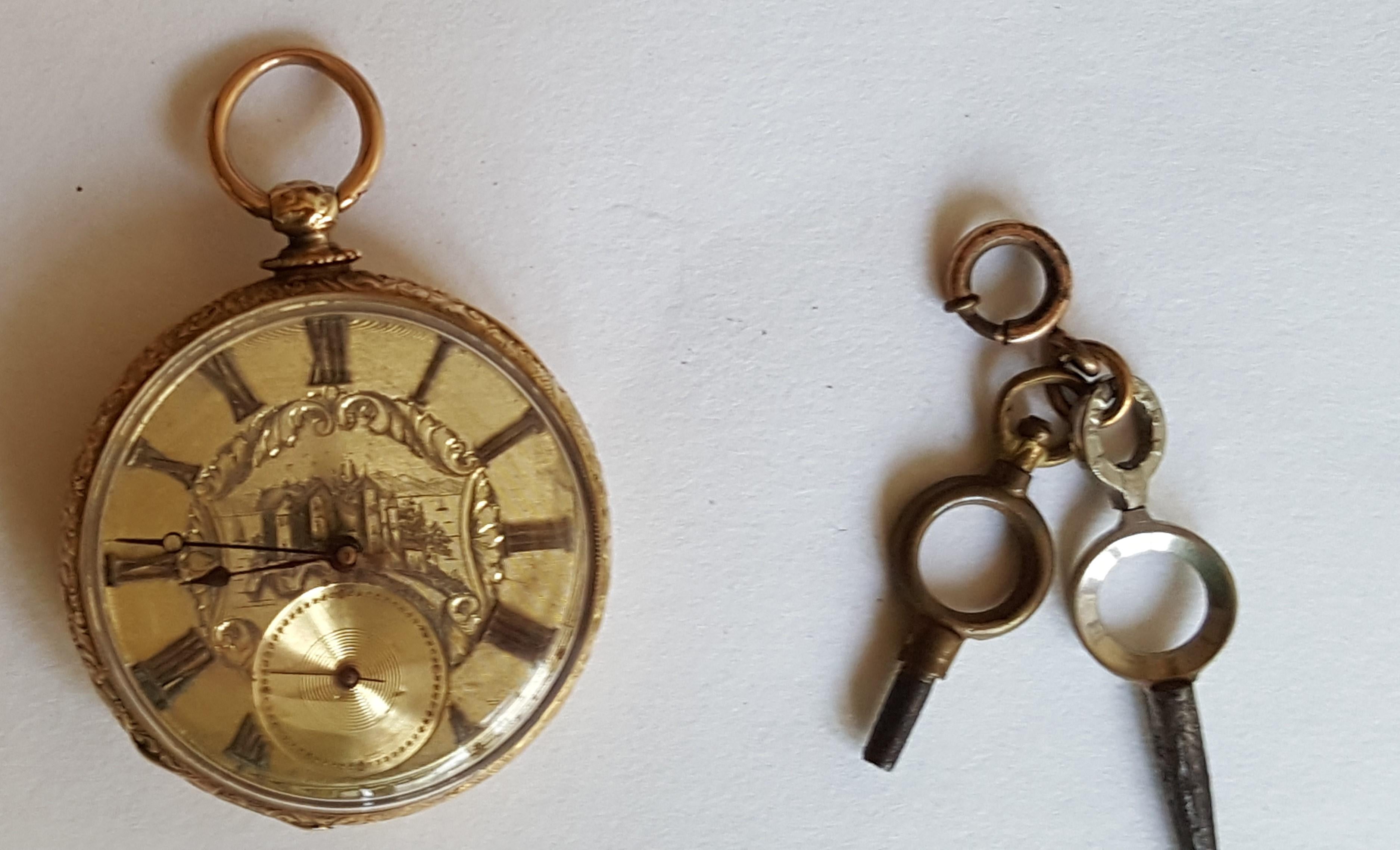 Women's or Men's 18kt Vintage Early 19th Century  Gold Pocket Watch, Key Wind, Working, 40mm  For Sale