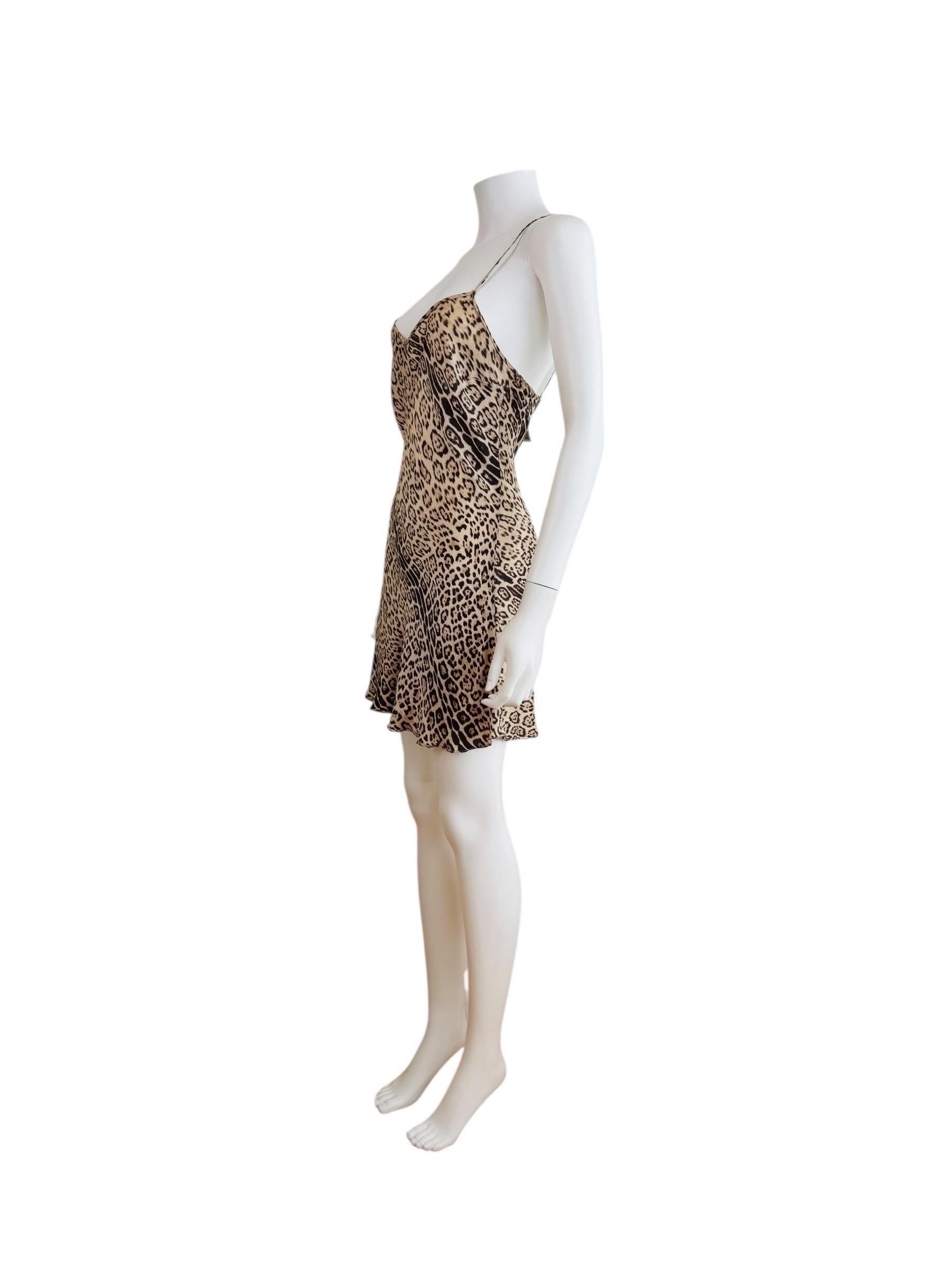 Vintage Early 2000s Roberto Cavalli Leopard Animal Print Silk Slip Mini Dress In Excellent Condition For Sale In Denver, CO