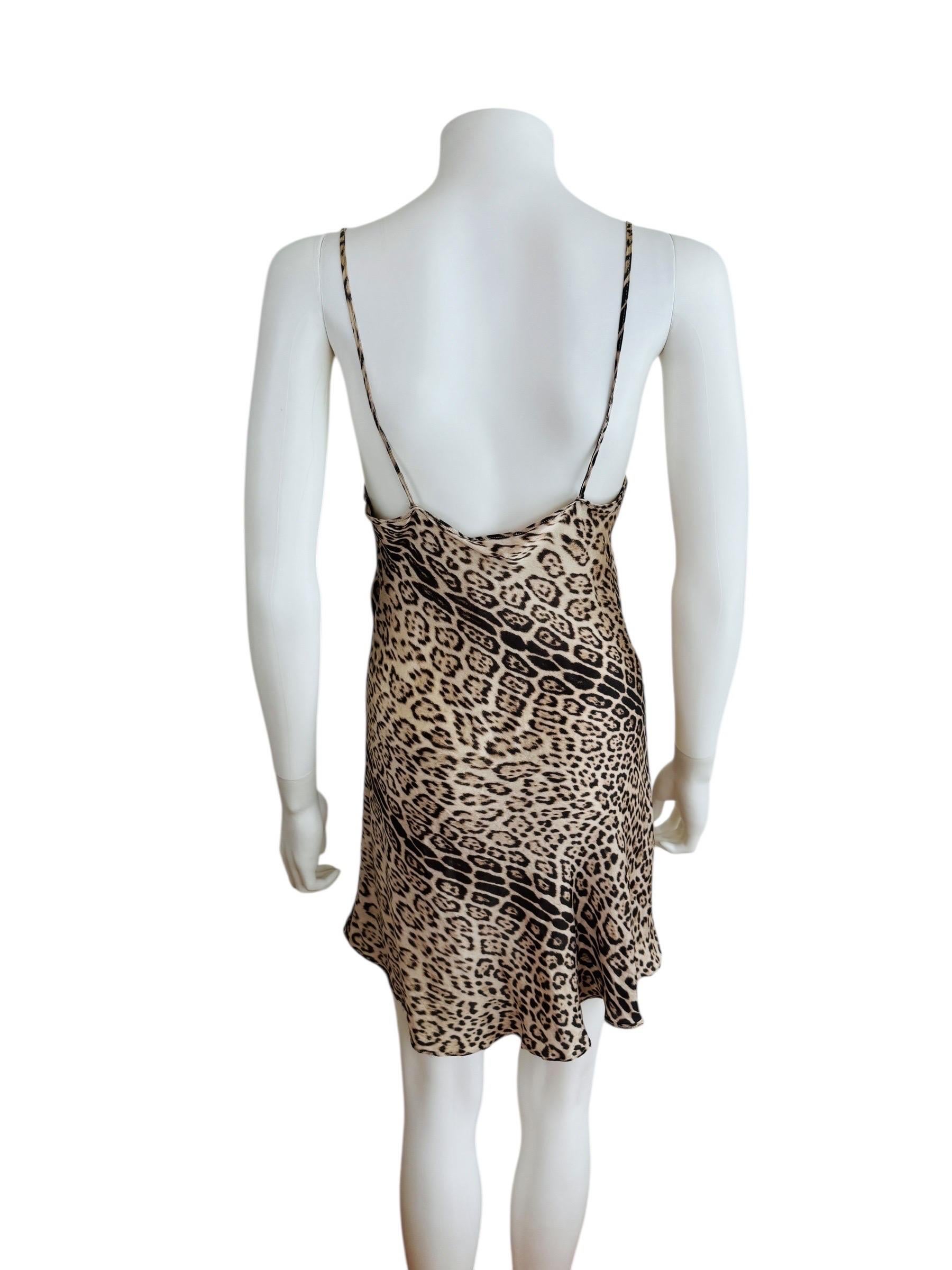 Vintage Early 2000s Roberto Cavalli Leopard Animal Print Silk Slip Mini Dress For Sale 3