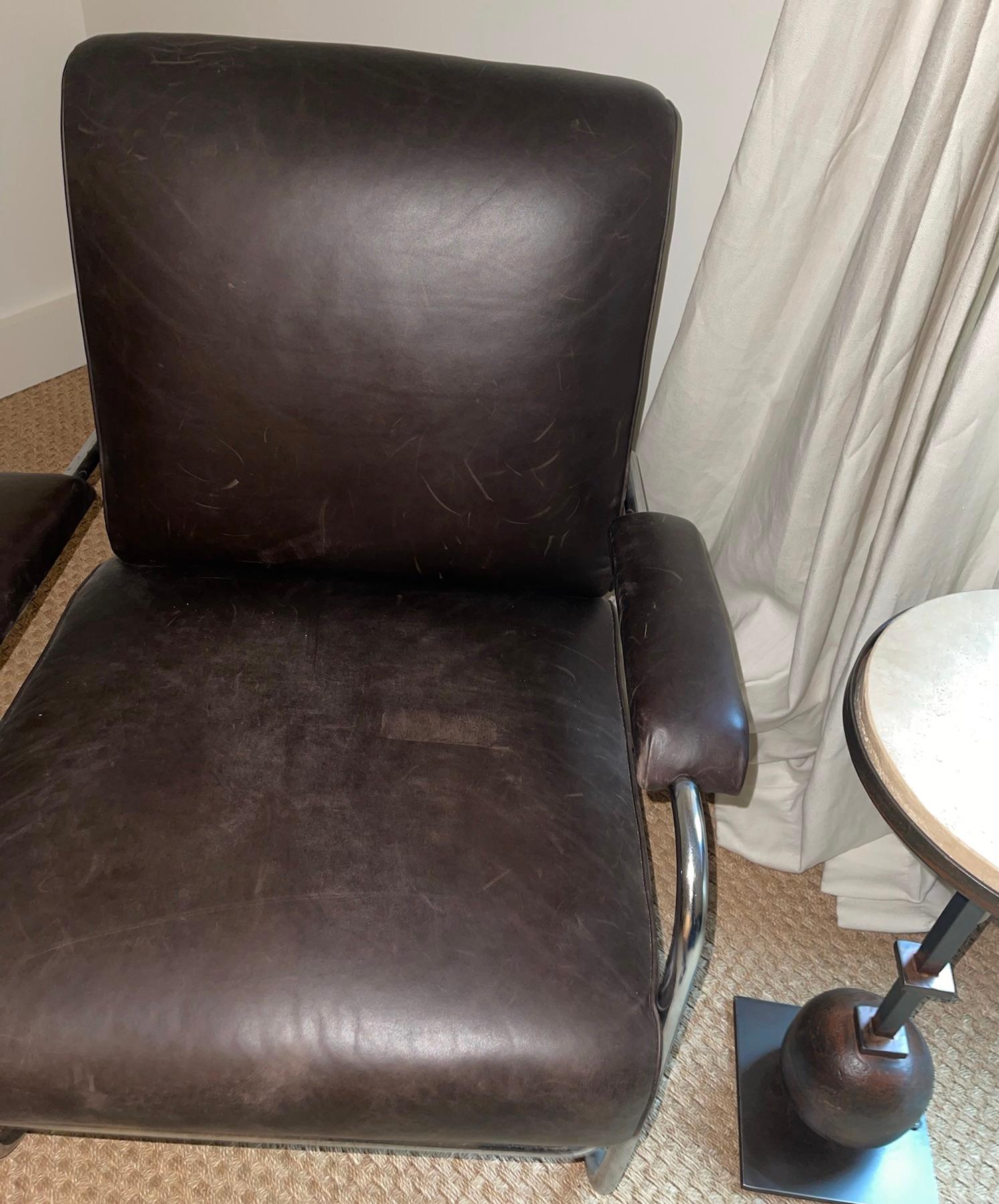 Vintage Early 20th C. English Tubular Chair in Brown Leather For Sale 1