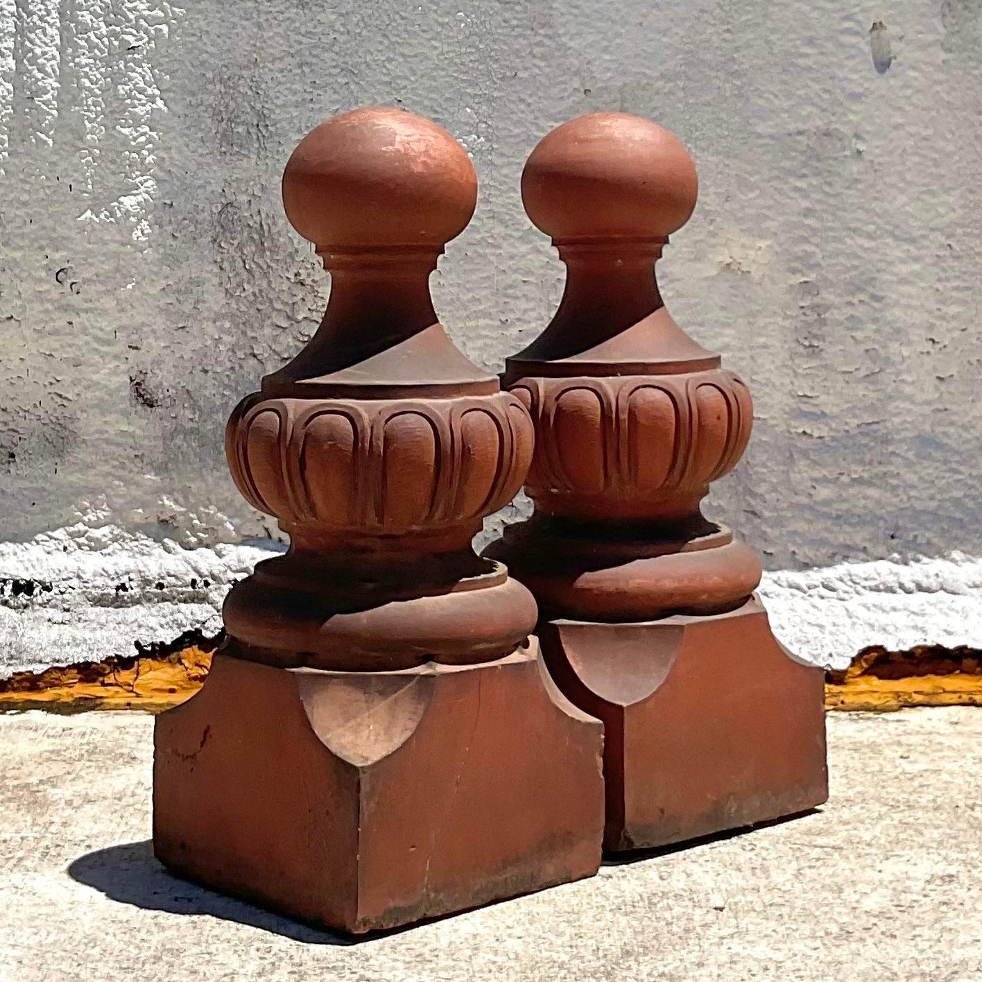 Post-Modern Vintage Early 20th Century Boho Monumental Terra Cotta Capitals - a Pair For Sale