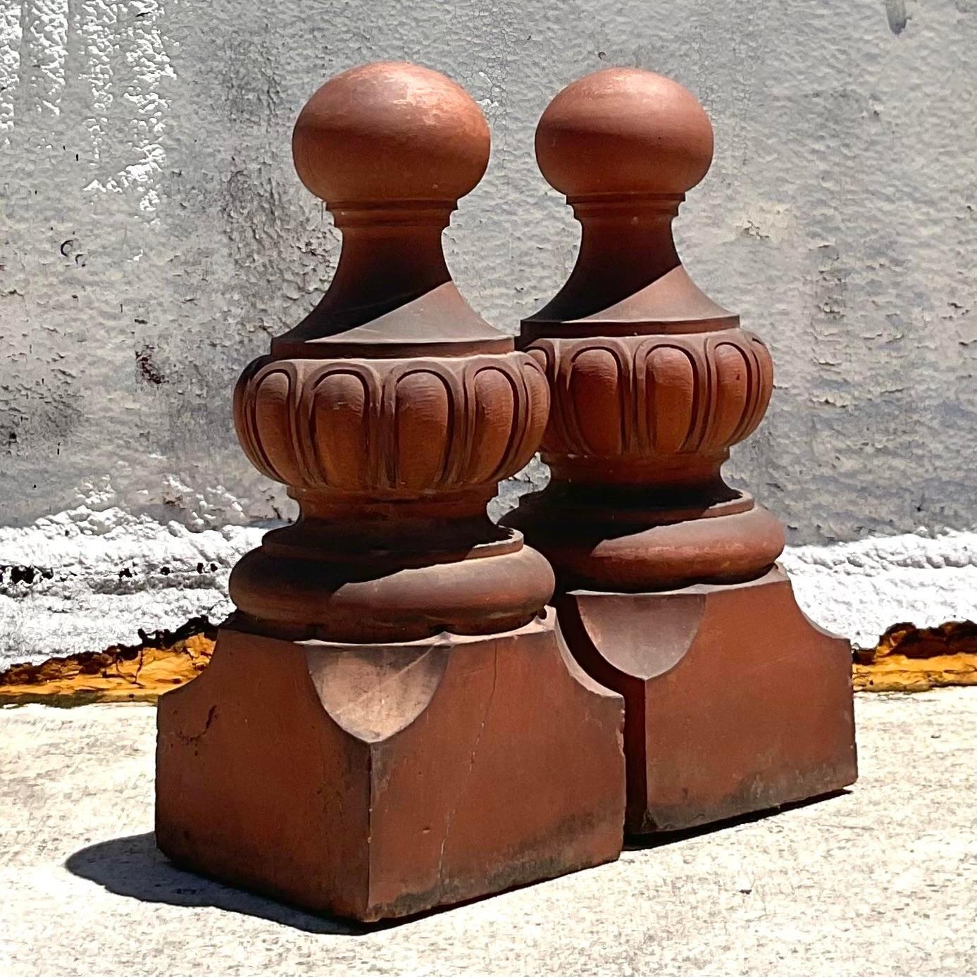 American Vintage Early 20th Century Boho Monumental Terra Cotta Capitals - a Pair For Sale