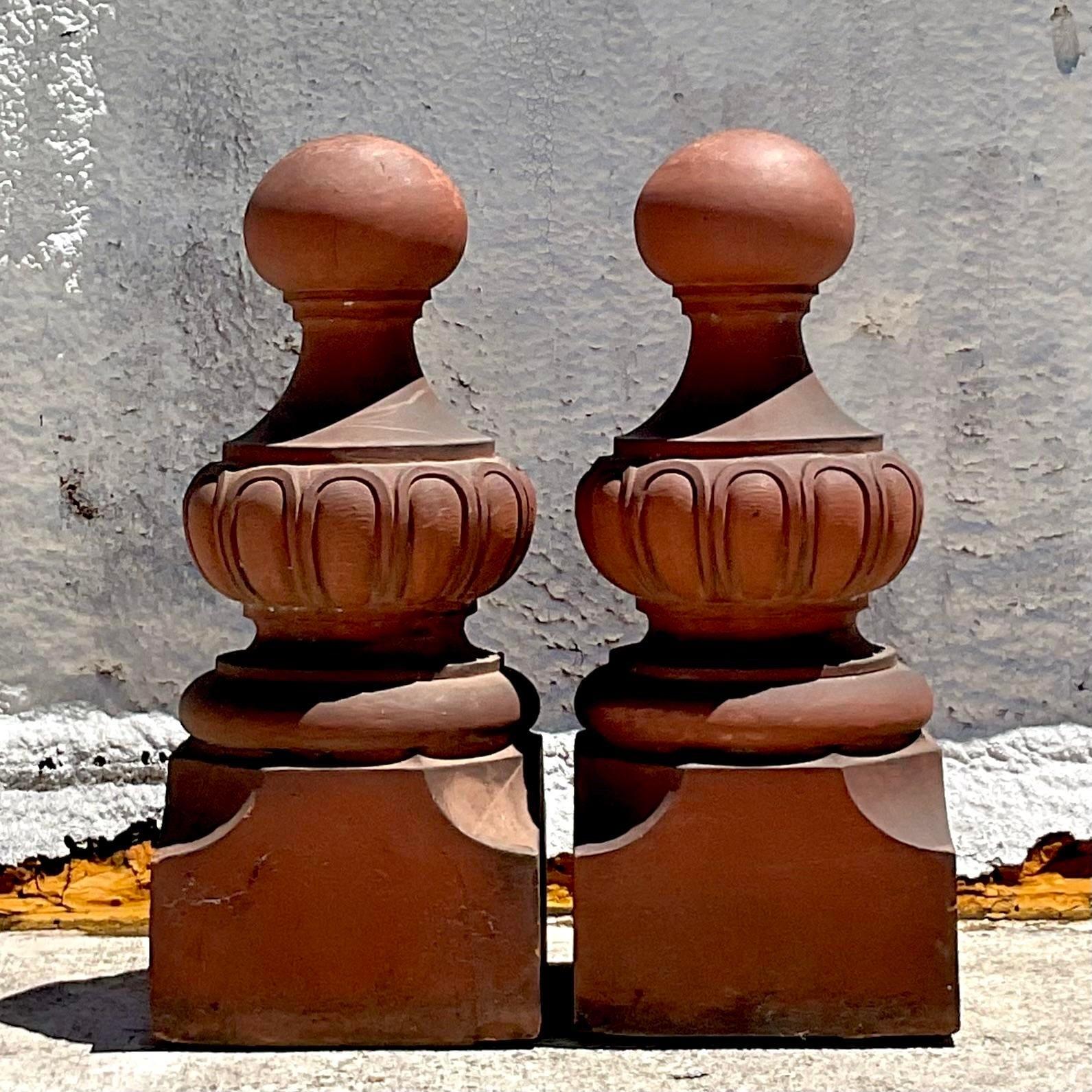 Vintage Early 20th Century Boho Monumental Terra Cotta Capitals - a Pair In Good Condition For Sale In west palm beach, FL