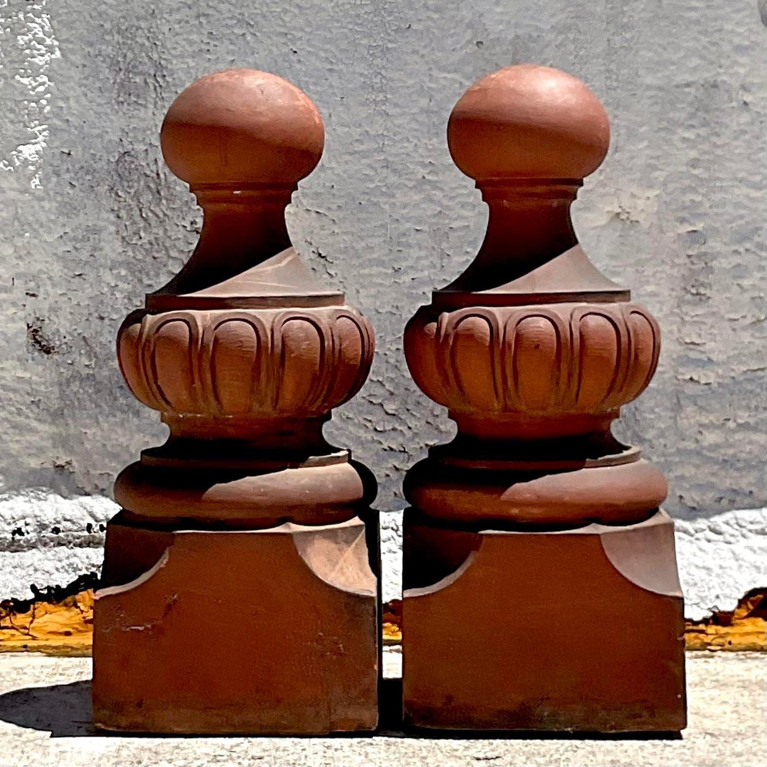 Terracotta Vintage Early 20th Century Boho Monumental Terra Cotta Capitals - a Pair For Sale