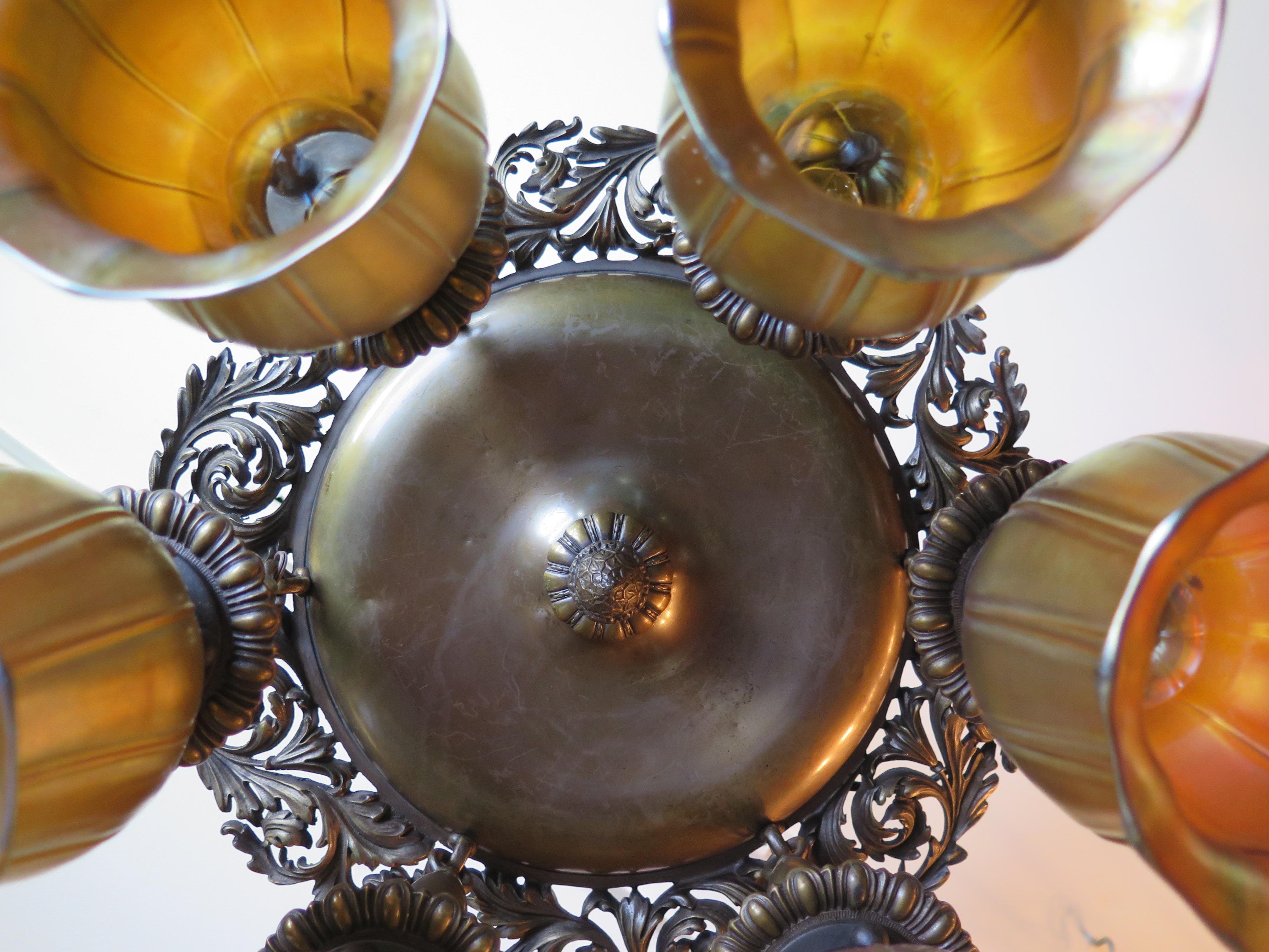 Vintage Early 20th Century Bronze Fixture with Steuben Shades '6' In Good Condition In Bronx, NY