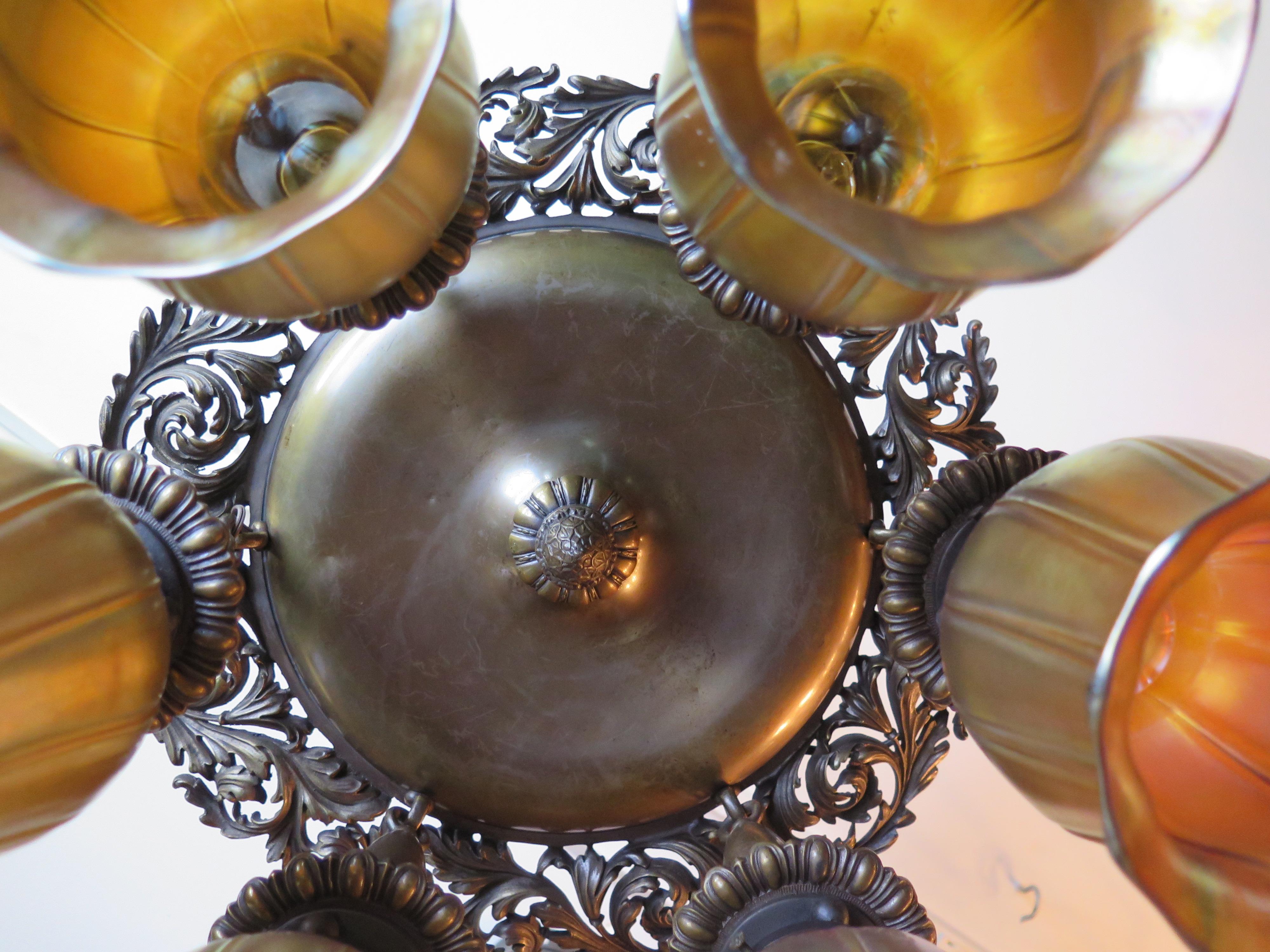 Art Glass Vintage Early 20th Century Bronze Fixture with Steuben Shades '6'