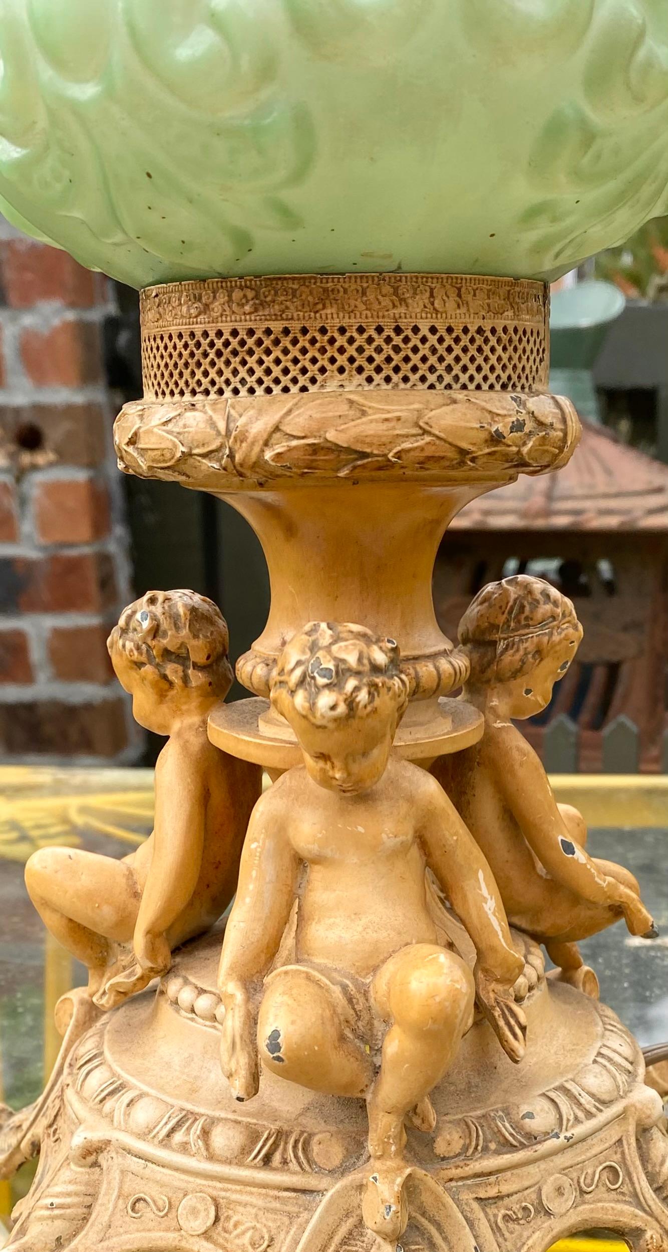 Lampada a cherubini d'epoca dei primi del Novecento con paralume a cherubini dipinto a mano in vendita 2